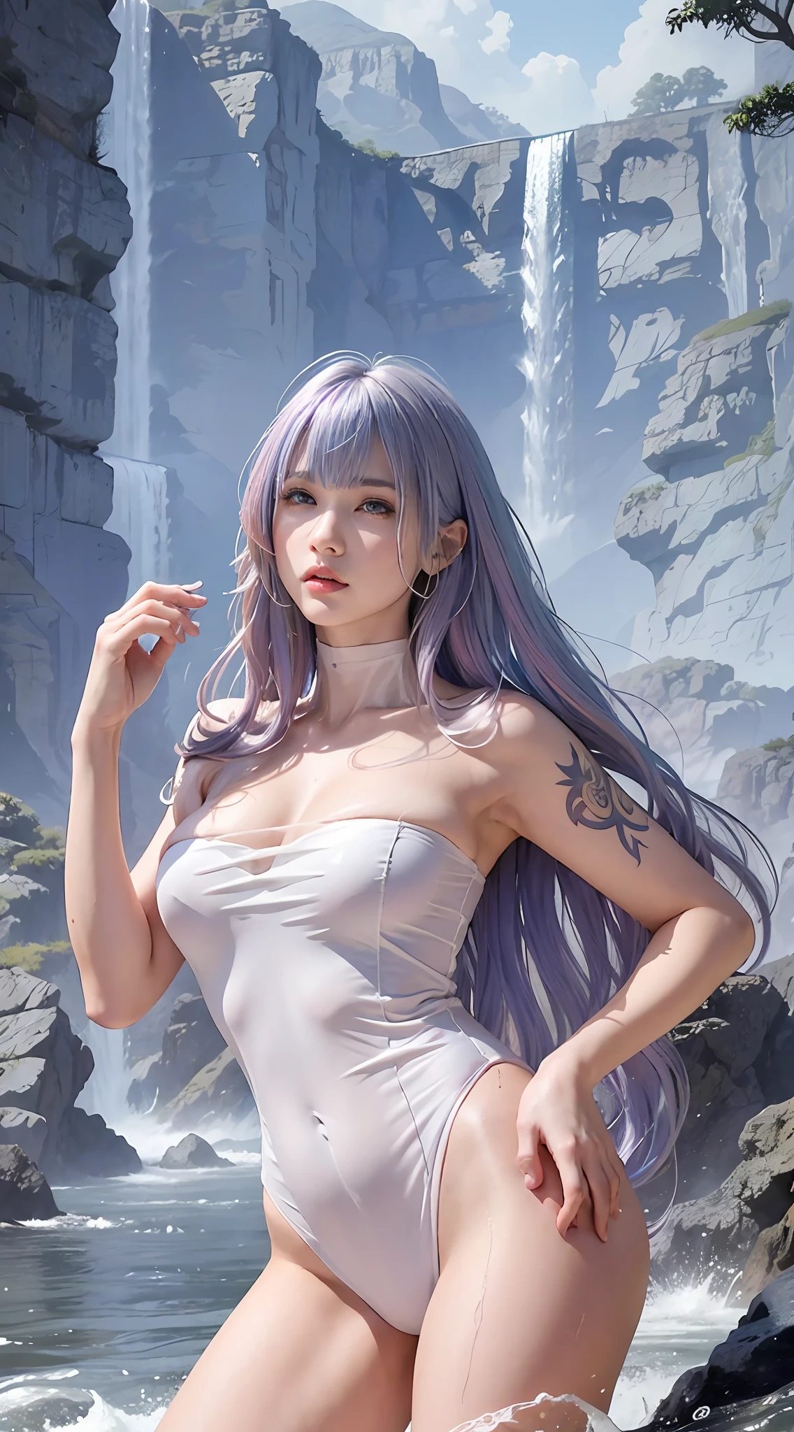 Realistic full-body portrait of a young girl 20 years younger than her age. light purple hair blowing in the wind, perfect body, perfectly realistic beautiful hands and fingers, wet body in the rain, waterfall scene. Realistic beautiful blue eyes, cool pretty face, fair skin, good looking, tattoo art, sexy liquid acrylic outfit, warm dreamy light, volumetric light, adventure style pulp, dynamic gradient, vivid color, illustration, highly detailed vector curve, simple, smooth and clean, vector art, smooth, art color, vibrant color kiss, design artwork. High image quality, meticulous detail, perfect realistic work