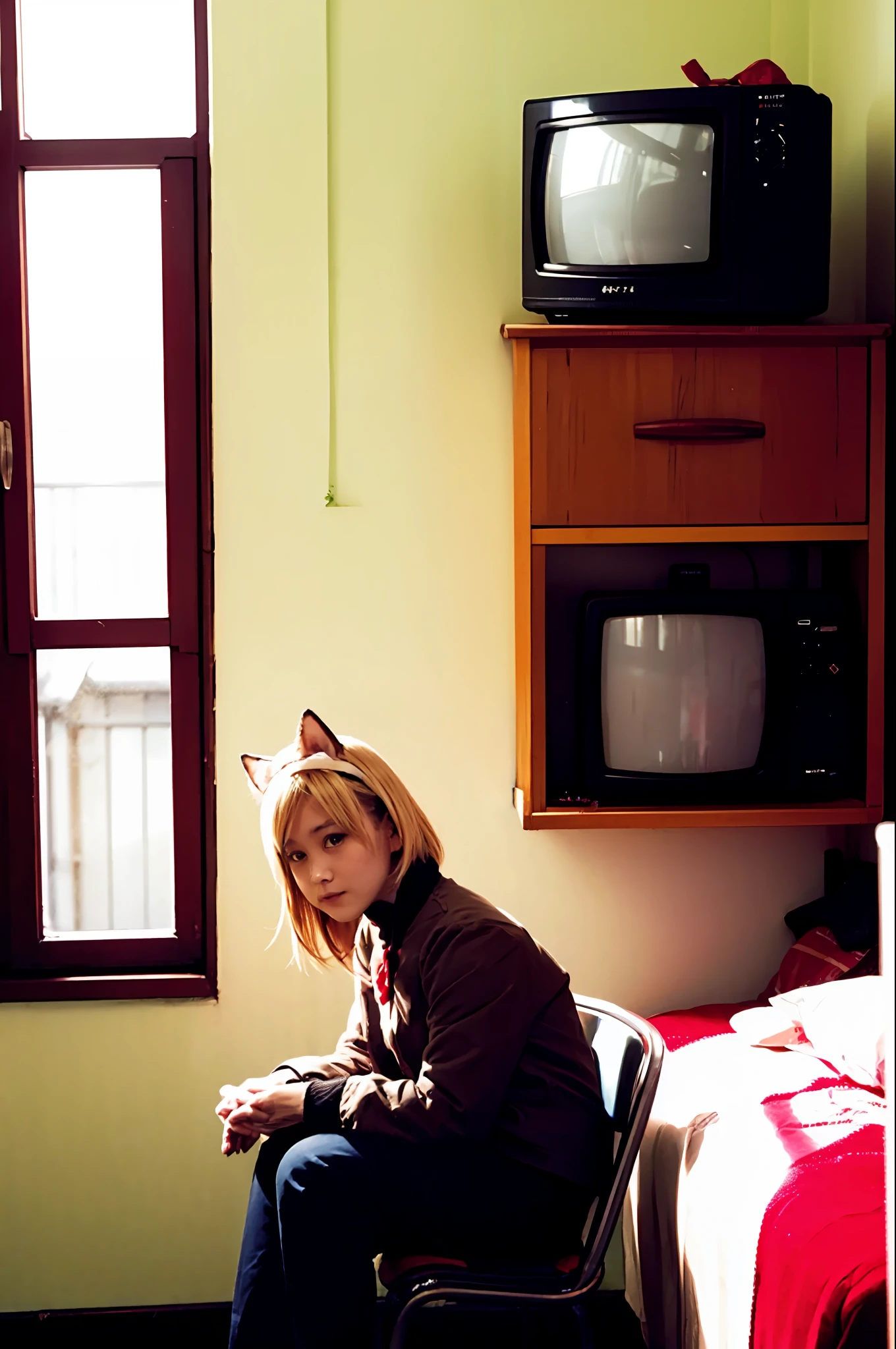 masutepiece, Best Quality, Indoors, 1girl in,Sitting, Animal ears, Komono, Blonde hair, Long hair、by the window