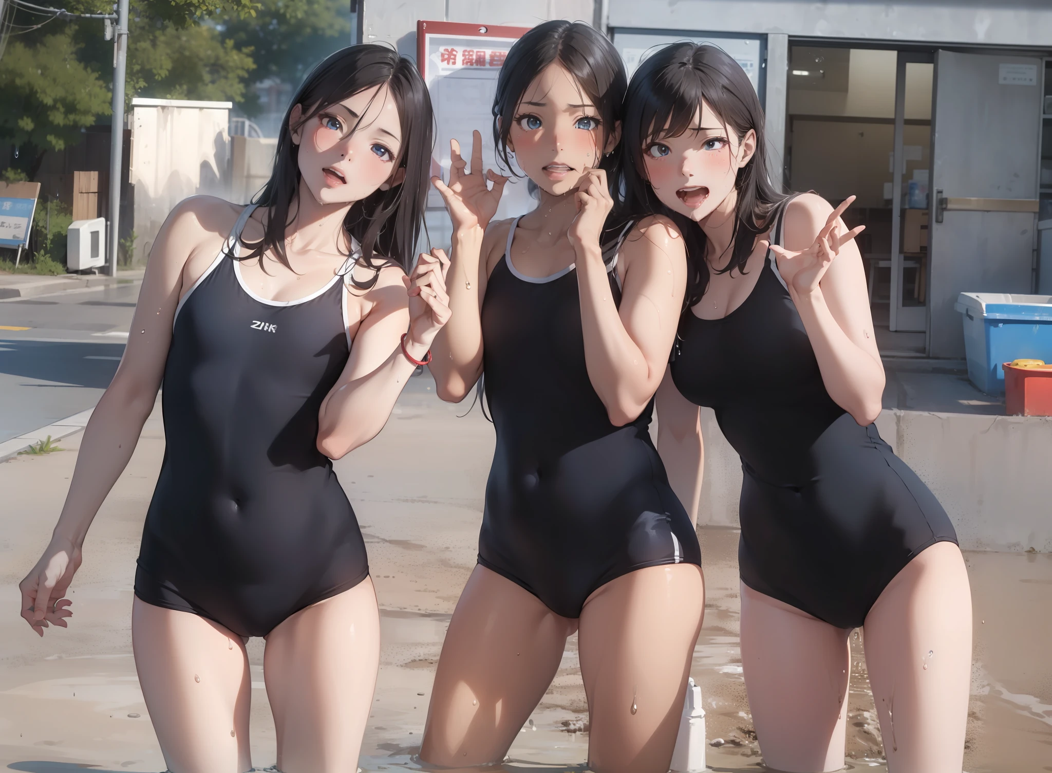 ((top-quality))、((masterpiece))、1girl in、Formal-up、beautiful detailed eyes and face、pretty skin、Realistic、a very cute、22year old、School swim wear(blue-collar、Simple design、Matte texture、Wrinkle、Wet、Polyester material、shadings、)Wet body、Anime Face、Beautie、Facing the front、big eye(Beautiful fece、Anime Face、Clear eyes、Fine details、beautidful eyes)Well-formed face(Beautiful nasal muscles、Perplexed、sharp mouth)full of sweat、sodden、Wet feeling、Background with(sunny sky、takeout)、8K picture quality、perfectly proportions、A slender、red blush、female focus on, hair adornments,length hair, Look at viewers,((pee))((pissing))((water dripping))