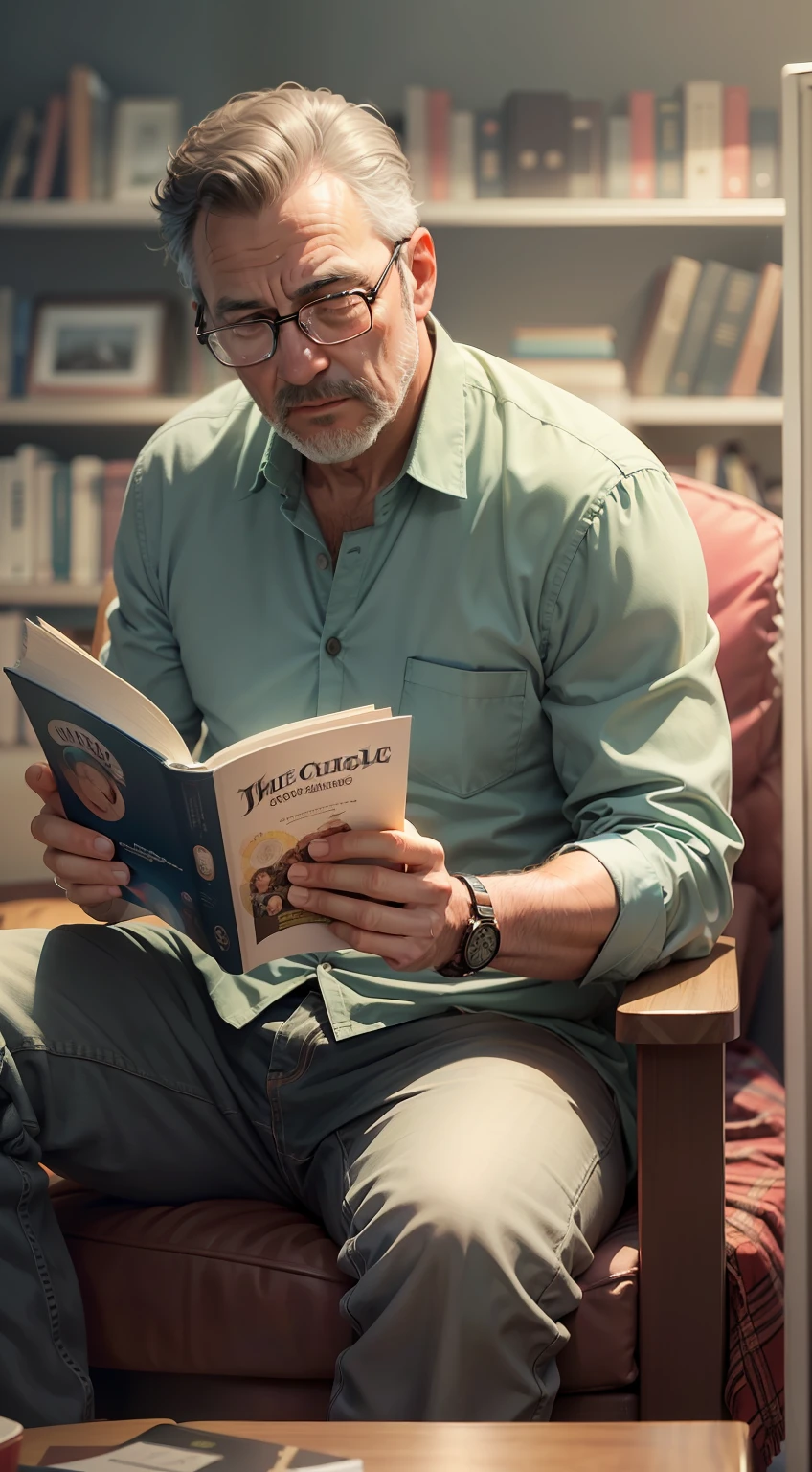 the night，A middle-aged uncle is reading