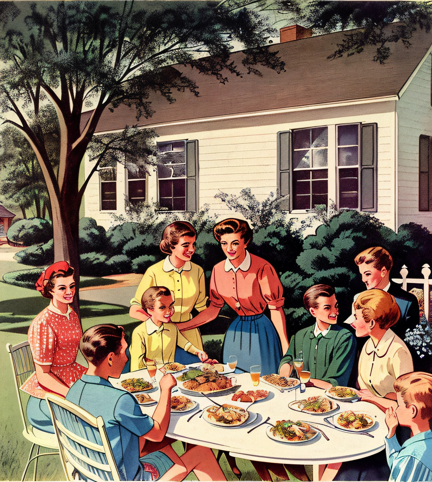 high quality comic of a family gathering outside a house for a meal, color illustration, southern gothic scene, people outside eating meals, family dinner, 1960s illustration, 1950s illustration style, al fresco, full color illustration, 1 9 5 0 s americana tourism, vintage 1960 print by artist john sloane