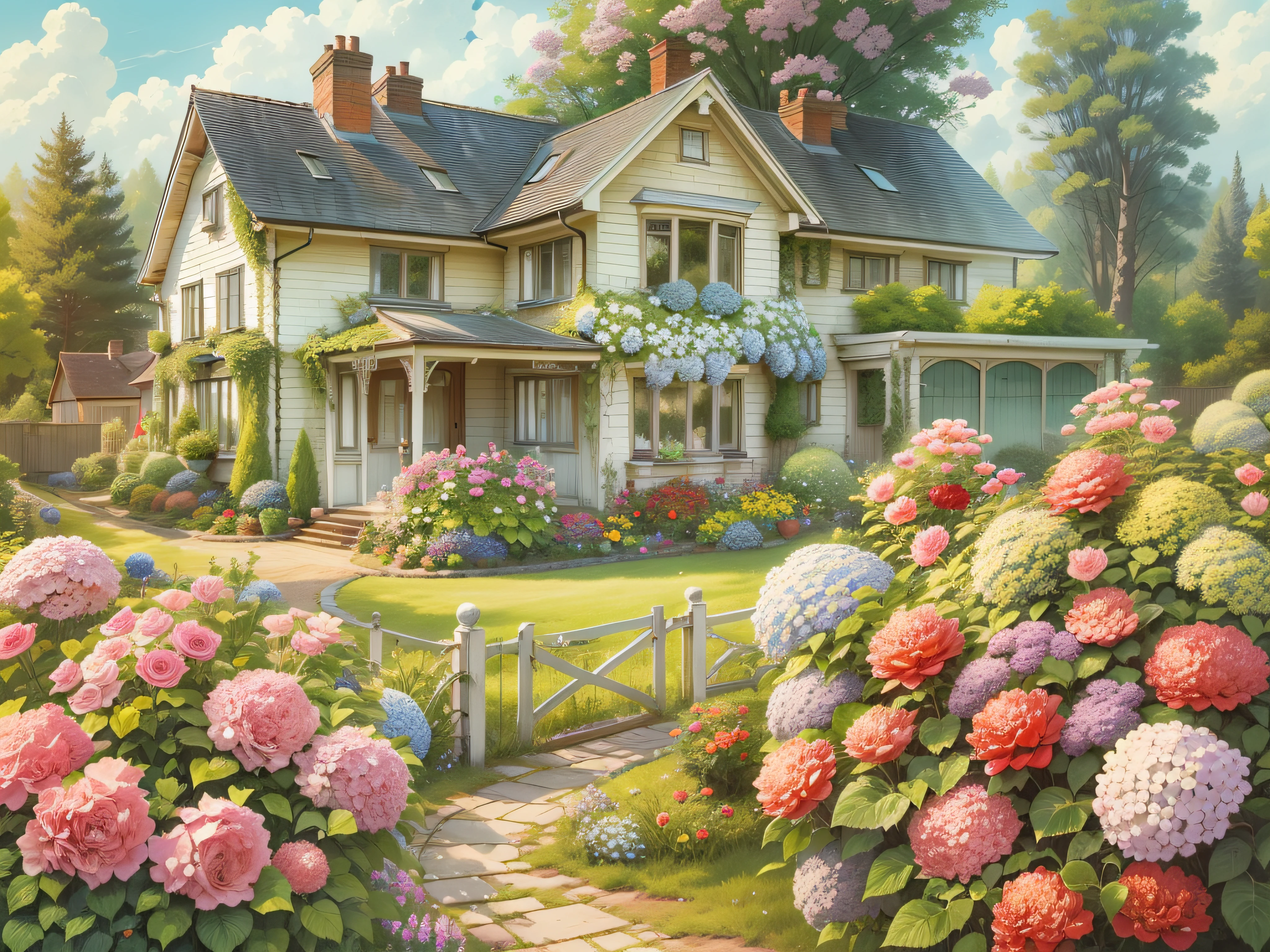A beautiful country house with a well-kept yard around, roses, birches, strawberries, hydrangeas