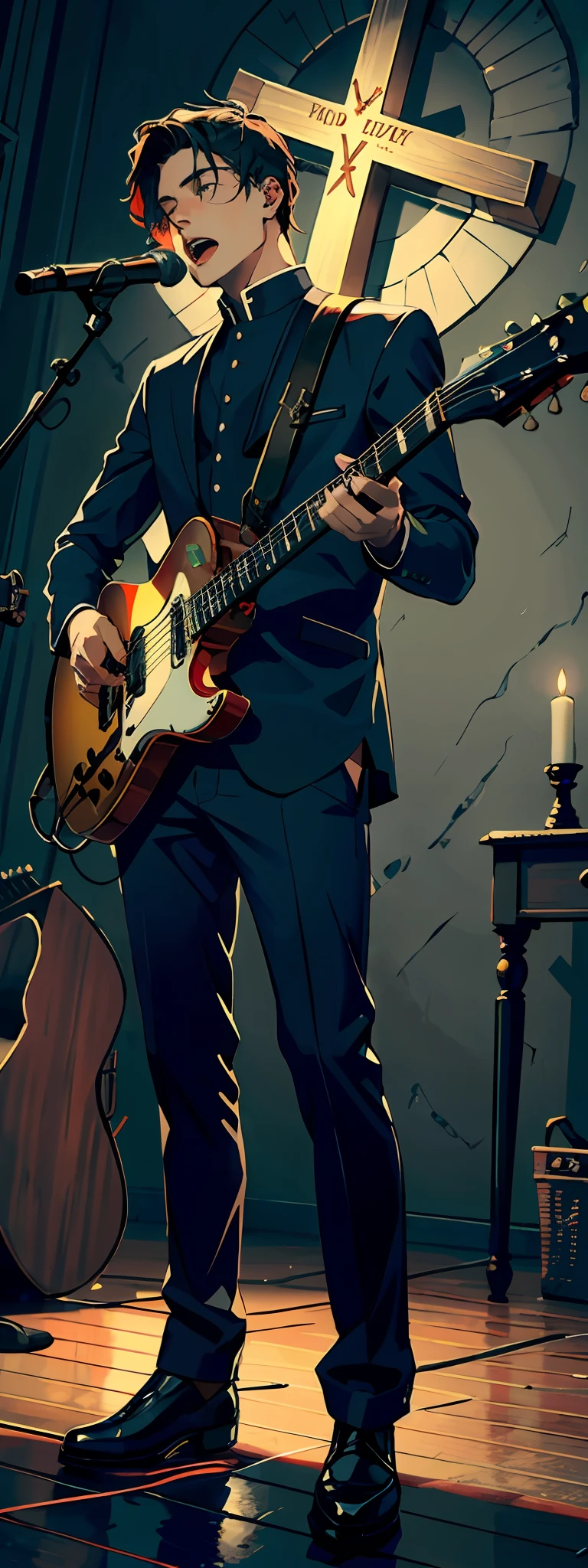 Create photo of man with full body Catholic Christian playing guitar and singing with face forward Beautiful with Christian costumes wearing cross on chest using Christian symbols
