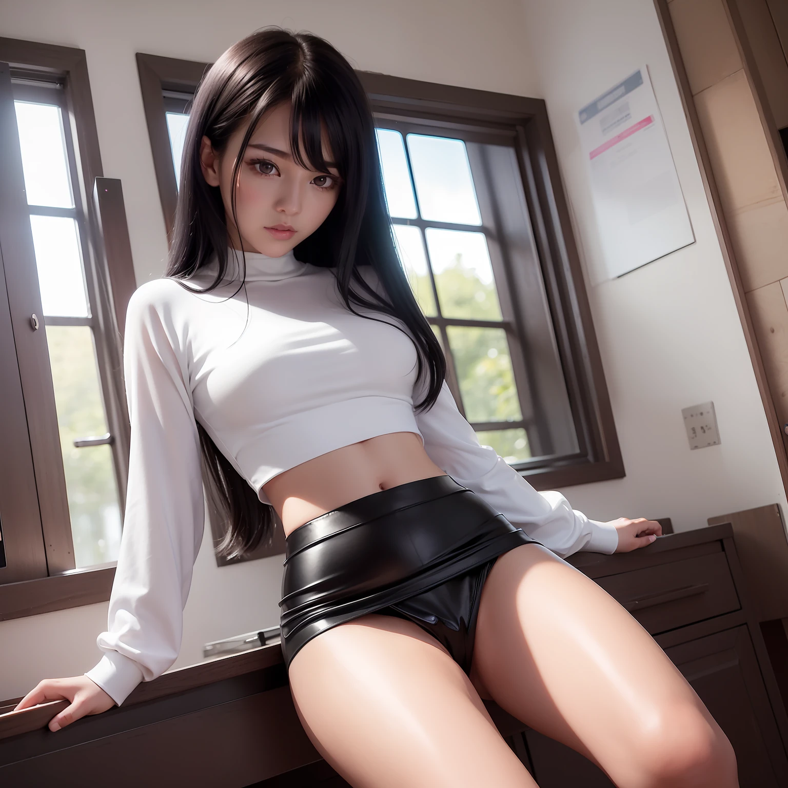 Long black hair、full bodyesbian、long legged、thighs thighs thighs thighs、Knee-high view、Black tight skirt、White shirt、A slender、Perfect figure、High pin heel、top-quality、Condescending face on screen、White T-back、s ass、cute face、Navel Ejection、White pants
