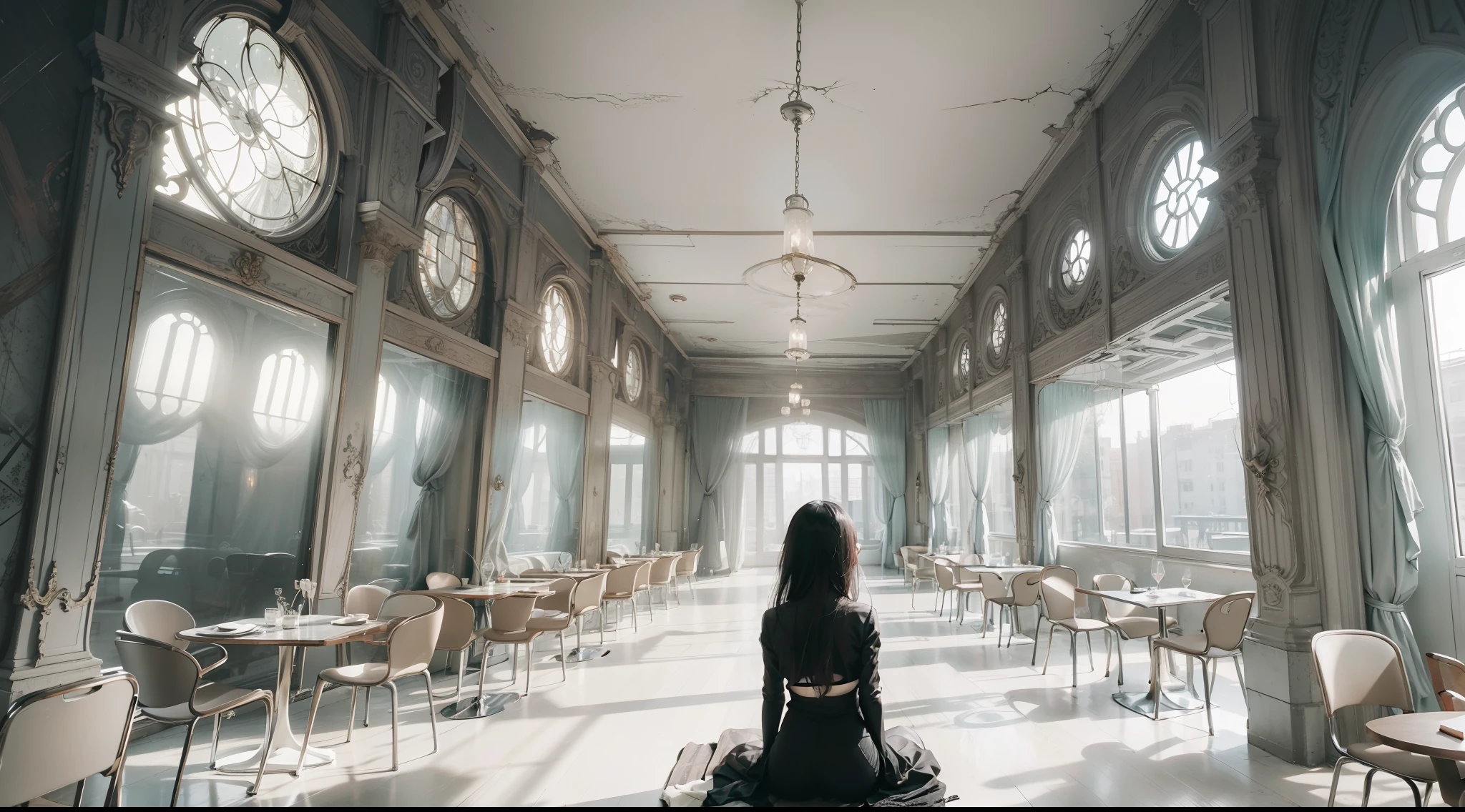 Realistis，dystopian，Zdzisław Beksiński style，Zdzisław Beksiński style，Wide shot, From above, Ultra-wide angle, Sony FE GM，A girl sits in a silver-white public dining room。The girl's upper body is white，The shirtless skin looks pale and scary。Her hair is shiny，Expressive hairstyle，But the hair strands are mixed with unnatural blacks and grays。Her eyes were crazy and empty，The pupils are abnormally dilated，There is no life in the eyes，As if hollow。Her lips parted，Smile nervously，Sharp teeth are exposed。Her body leaned forward，It gives a feeling of unease and tension。Bright restaurant，But the geometry and lines on the walls and ground became distorted and misaligned。。Some blurry faces or ghostly images can be added to the wall，It feels ominous。gauges, Dining room chairs and decorations can also have strange shapes and colors，Add a dystopian horror vibe。The girl looked up at the window，But outside the window was a dark and distorted scene。，Some disturbing scenes can be shown，For example, Distort the architecture、Collapsed cities, etc。The lights in the room are bright and dazzling，But the lights cast strange shadows，It creates an atmosphere of terror。