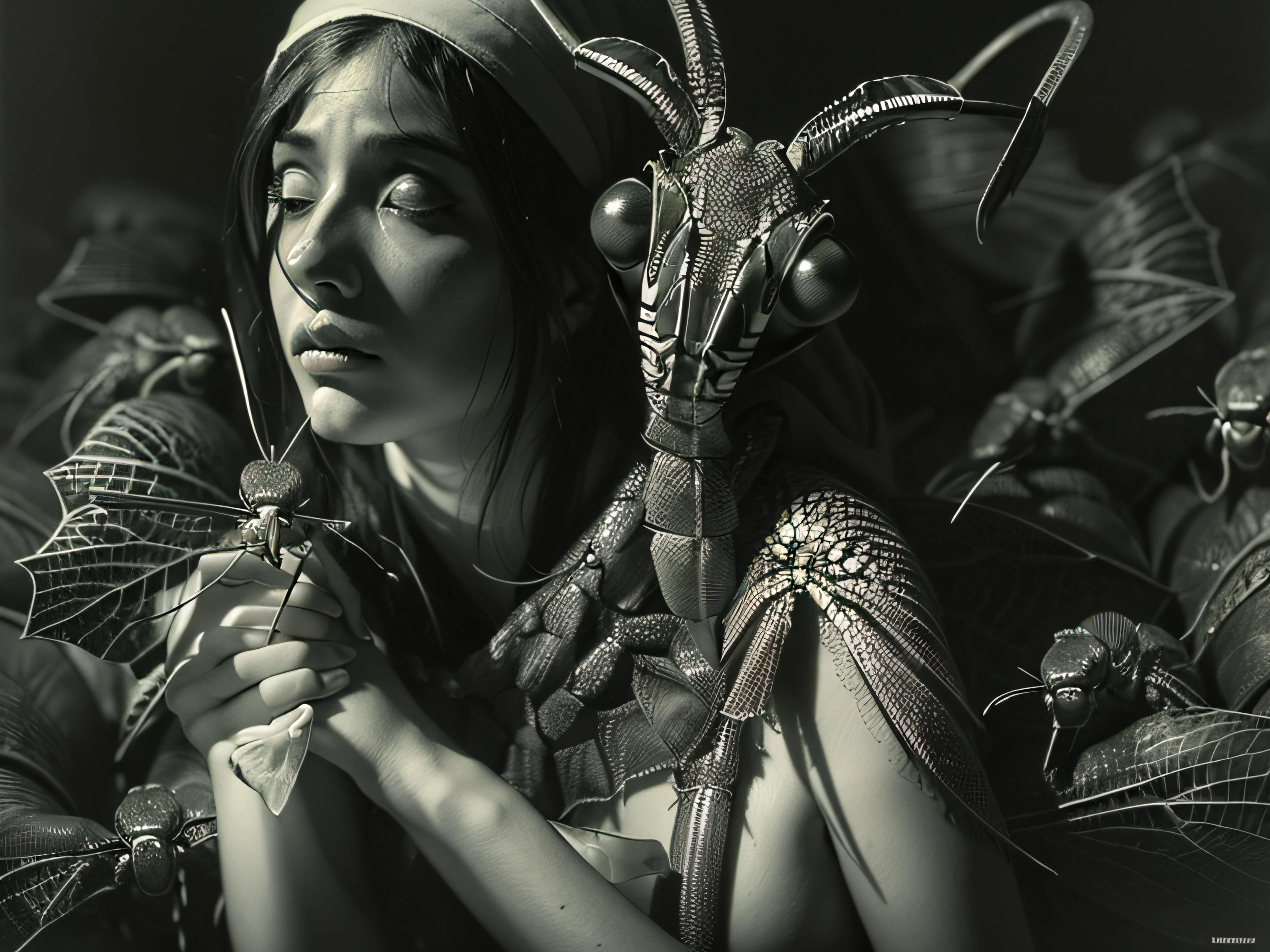 "((Obra maestra))(The best lighting, alto contraste, oscuro, dramatic, Acabado fotorrealista),(mujer con brazos de mantis religiosa, insecto, monja, enfado, Llorosos),(Baphometh saca la lengua), viejos, lobos, gusanos, lombrices, Serpientes. Luz Caravaggio"