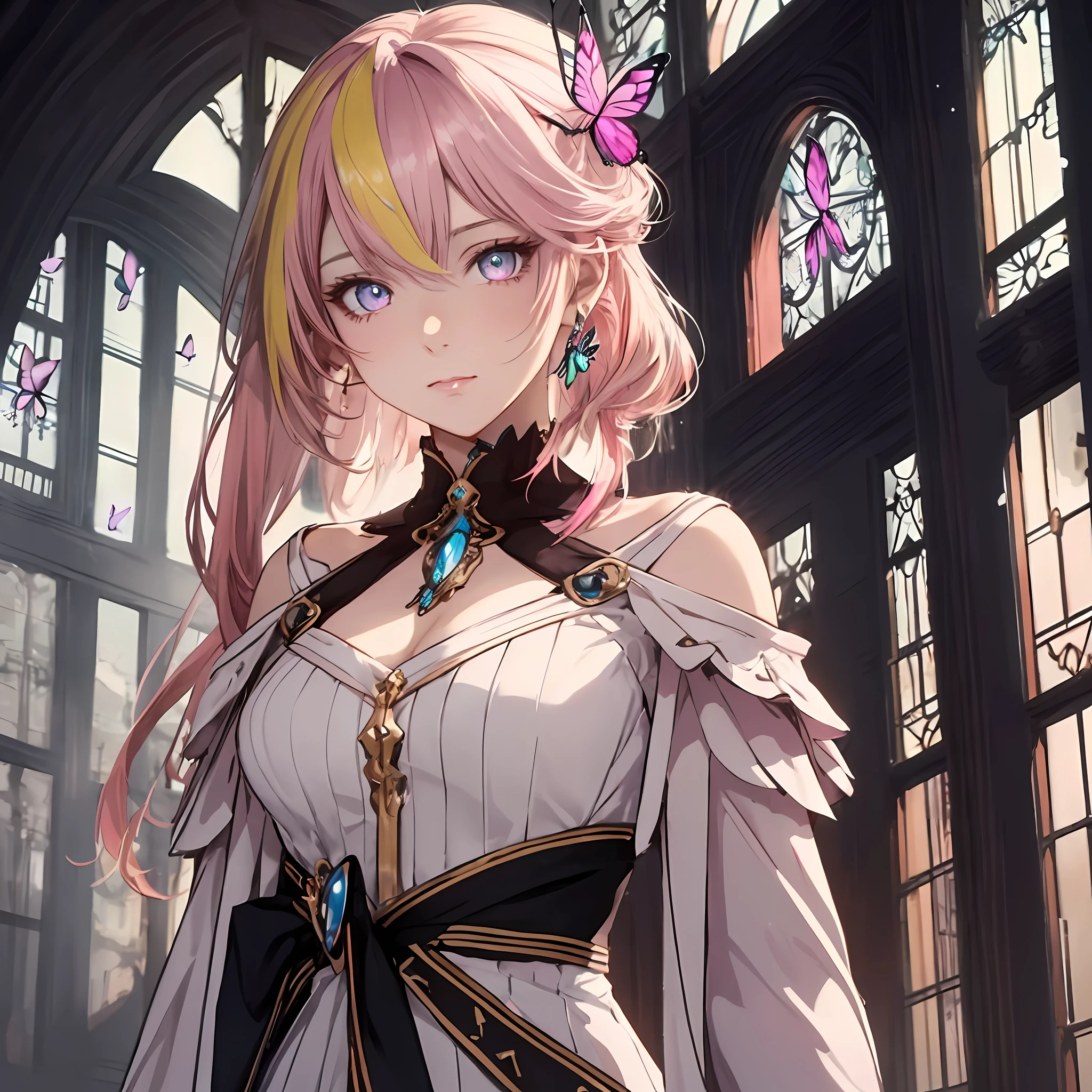 masterpiece, best quality, 1woman, adult, female focus, solo, mix pink and yellow hair, vibrant blue eyes, butterfly shaped iris, looking at viewer, closed mouth, bangs, Fantasy aesthetics, Highly detailed, shadowverse style, human ear, white dress