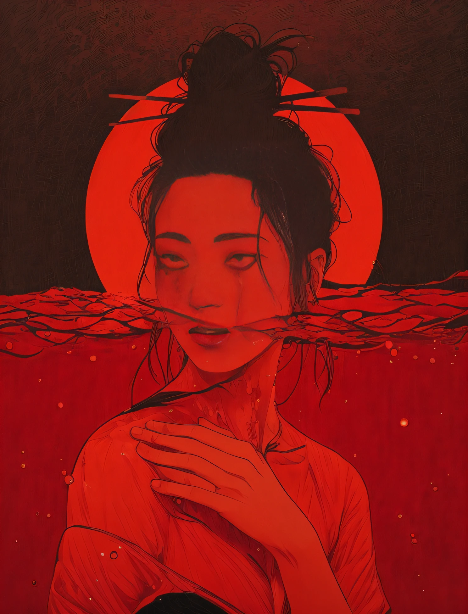 a woman with blood on her face standing in the water, inspired by Itō Shinsui, red water, red tears, blood in the seahighly, inspired by Takato Yamamoto, standing in a pool of blood, some red water, watery red eyes, artistic. alena aenami, aenami alena, laurie greasley and james jean