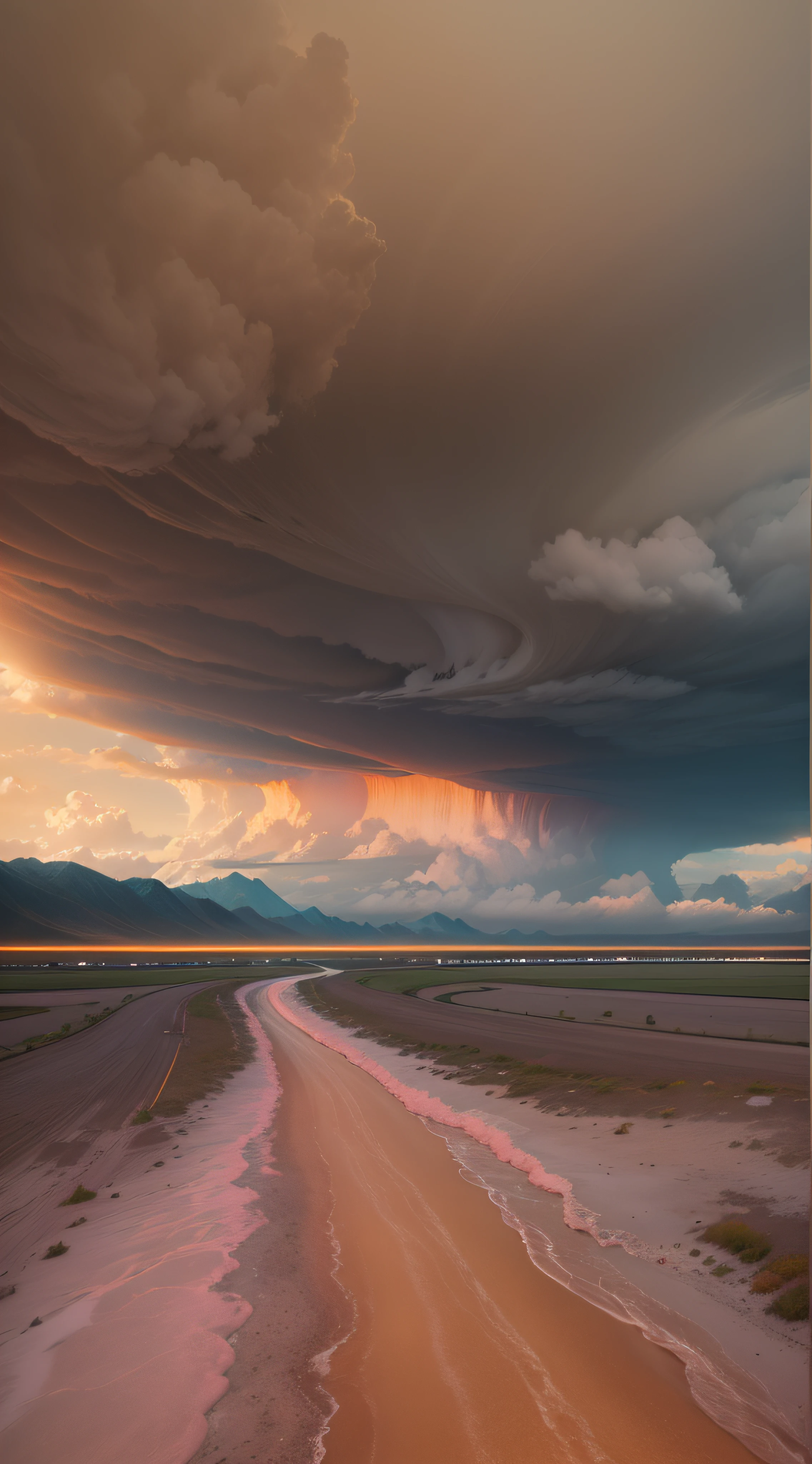 onyx fields against a beryl sky: boiling sunrise storm as captured with a polarized canon 10-22mm lens on a Canon eos 5d mkii body, bright neon patchy clouds, hazy chartreuse horizon, pucey pink foreshortened leading lines in 2-point perspective fading into infinity, exquisite, magnificent, indulgent, embarrassingly luxurious, richer than rich, really good for you, full of vitamins & minerals, great splash page, bitchin