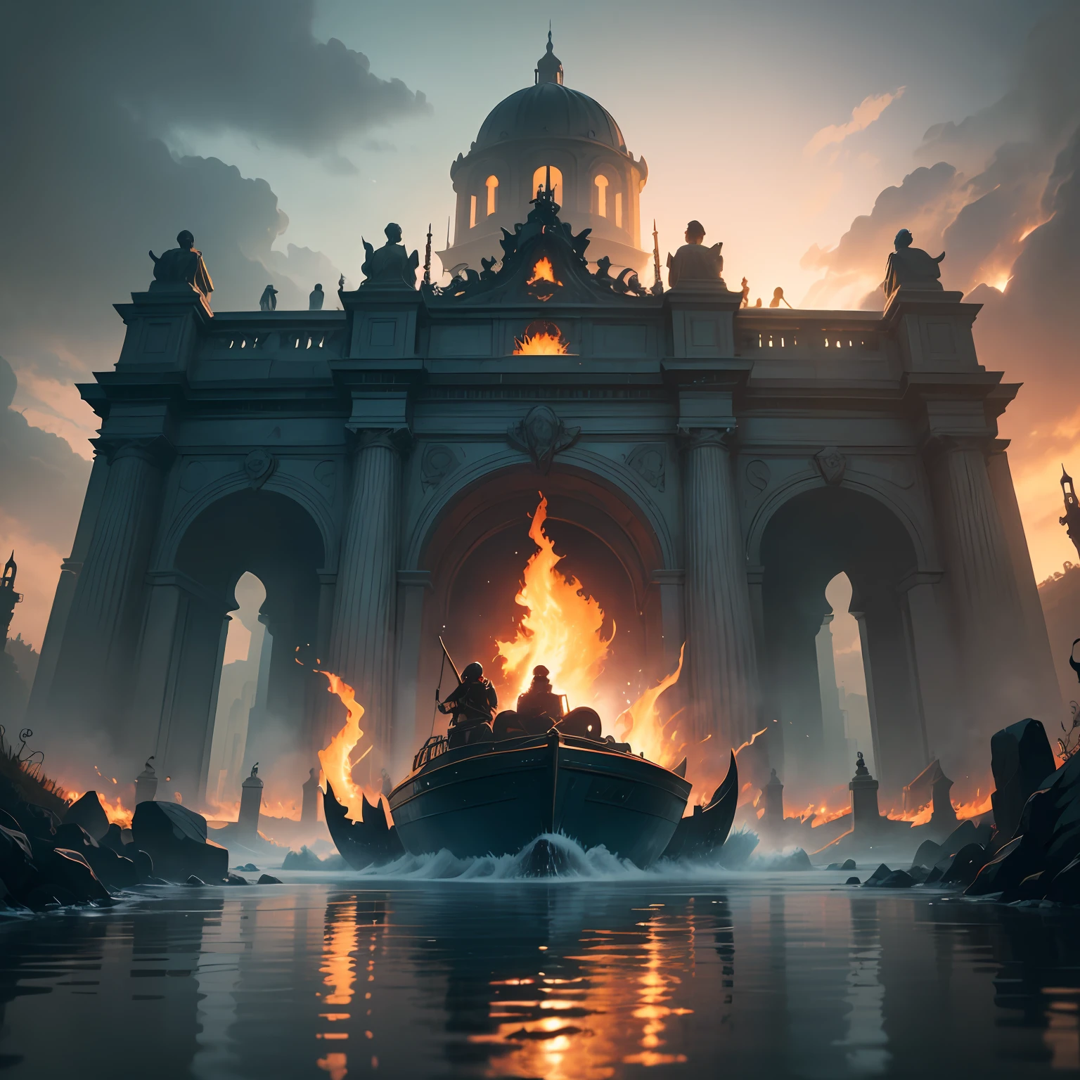 Charon, the ferryman of Death, drives the boat carrying the corpses of the dead across the River Styx, arriving at the gates of Hell. The dead on the boat are very frightened. The gates of Hell are visible. Flames of fire behind the gates are reflected on the surface of the lake, and vapors rise from the water. Fallen angels stand guard at the gates of Hell. The atmosphere is infernal, with a cyberpunk style, volumetric and vibrant colors, and a dynamic feel. The artwork is reminiscent of the Metal Hurlant and Cimoc magazines, with designs inspired by Moebius. It's ultra-realistic, incredibly detailed, and available in 4K resolution. --auto