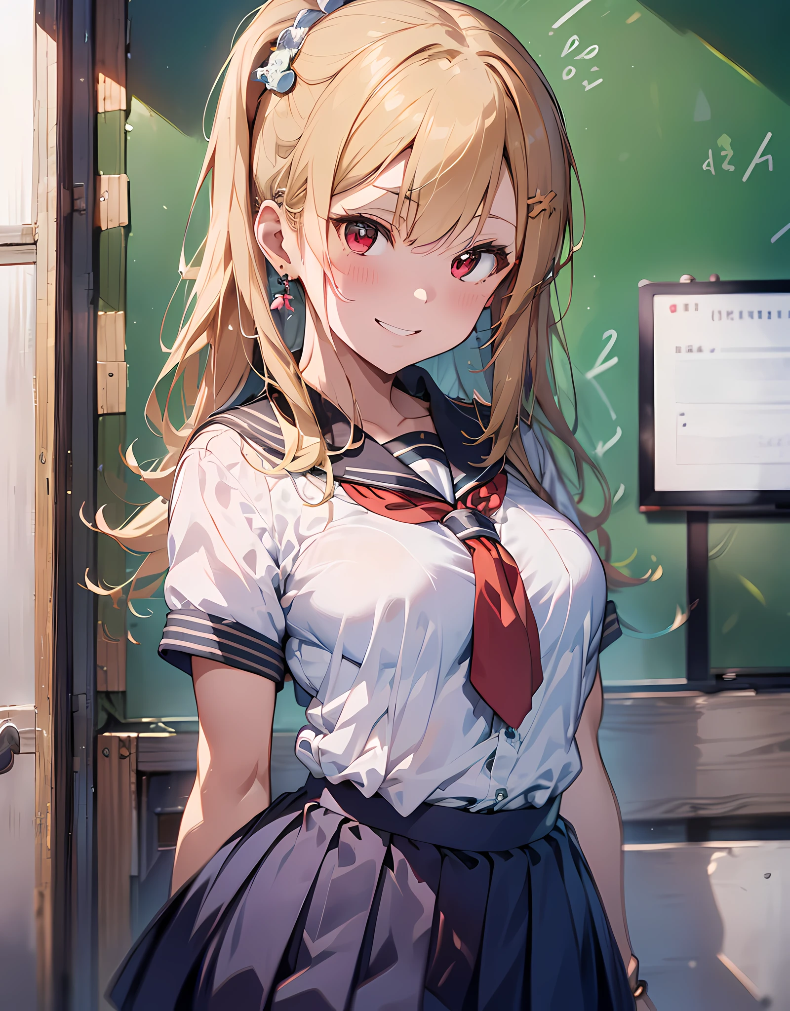 masterpiece, best quality, highres, ultra-detailed, ultra-sharp, Japanese school girl, 1girl, blonde hair, long hair, multicolored hair, pony-tail hair style, red eyes, jewelry, earrings, piercing, ((detailed school girl uniform:1.3), white collard sailor shirt, red tie, navy pleats skirt, lovely look), grin, light smile, standing, cowboy shot, outdoors, arms behind back, hands behind on hip, detailed human hands, HDTV:1.2, ((detailed school room background:1.3)), 8 life size, anime style, anime style school girl, inspiration from Kyoto animation and A-1 picture,