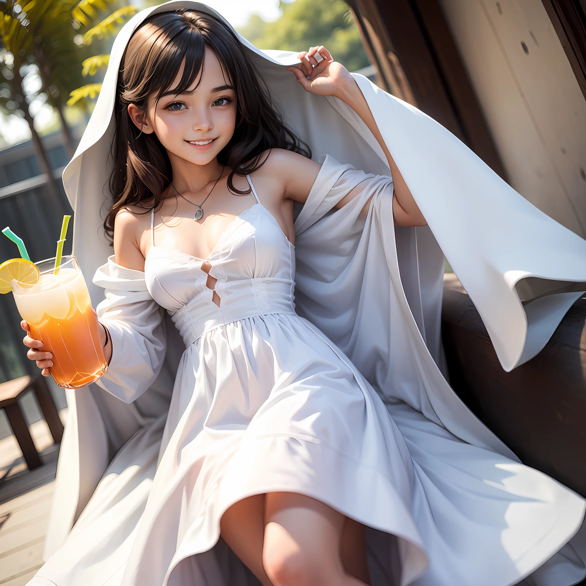 18yo girl is smiling with white dress holding a drink --auto