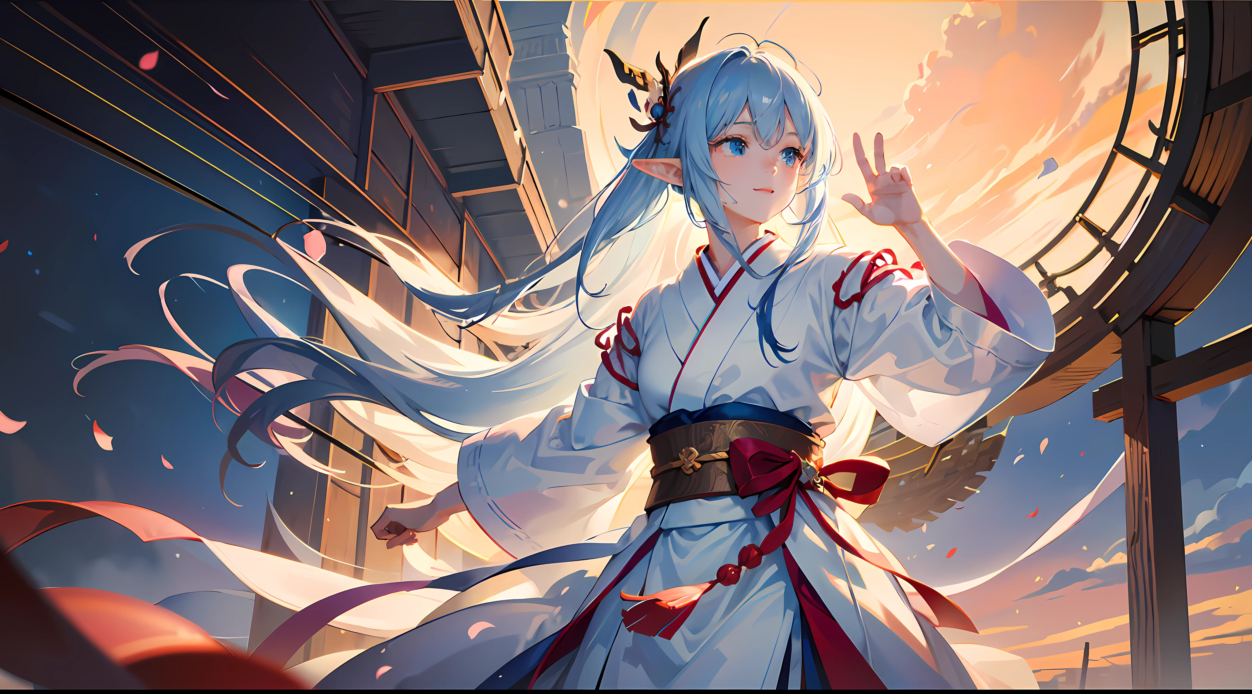 masterpiece、Faithful to human anatomy、Simple hands、Elf in Japanese Clothes、Japan Faces、Face of vertical ellipse、He had a bow in his right hand、Blue eyes、long Brond Hair、japanese temples、Great light source、Dynamic Poses、Ruddy cheeks、ssmile、The heart of ruined Tokyo、Beautiful eyes