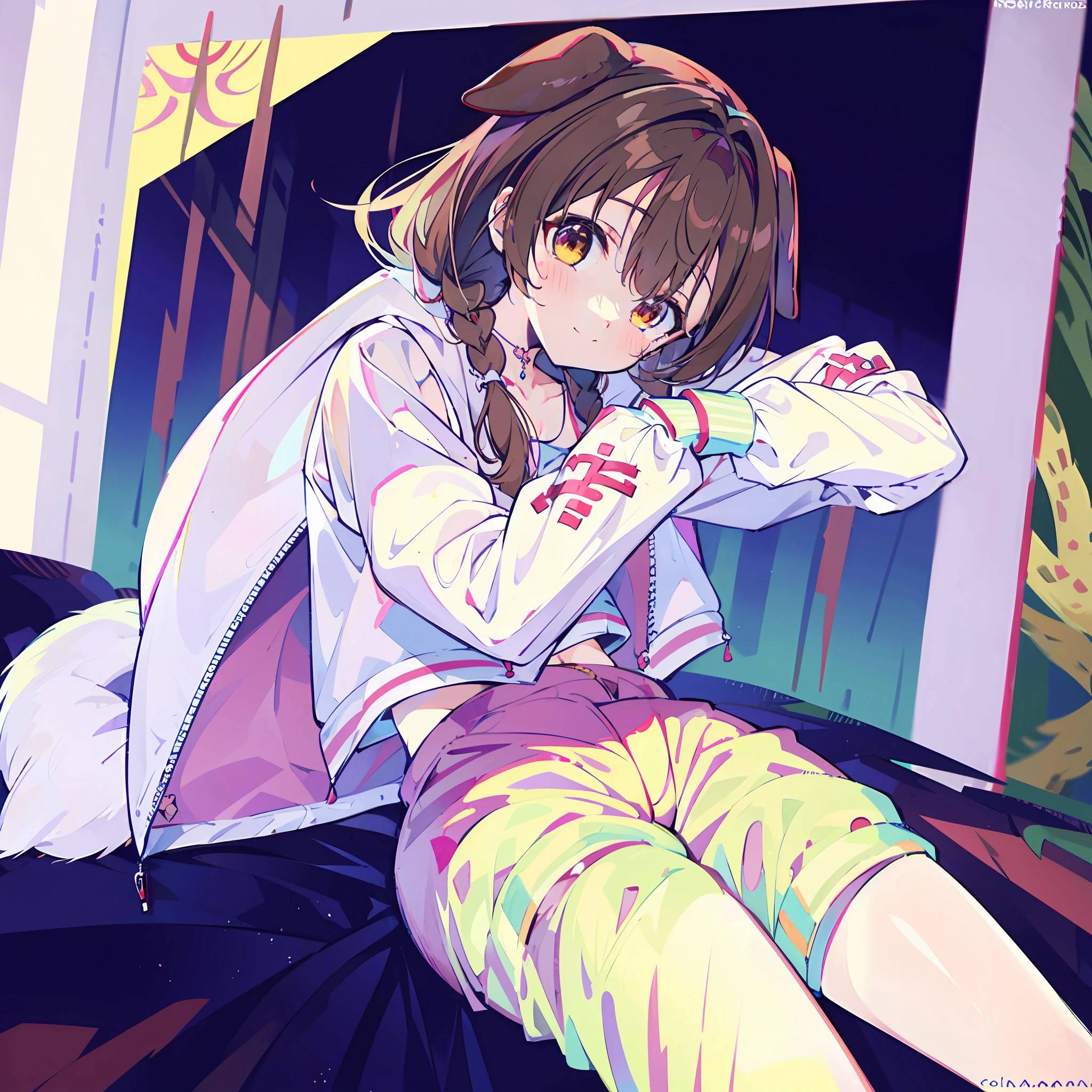 2d, obra maestra, La mejor calidad, anime, ojos altamente detallados, Cara altamente detallada, perfect ilumination, Disparo de vaquero, pies fuera de marco, 1girl, solamente, Korone, Inugami Korone, hololive, Youtuber Virtual, brown eyes, brown hair, orejas de perro, Cola de perro, Dog girl, trenza baja, trenzas gemelas, adorno para el cabello, pijama blanco con falda, They are smiling, boca abierta,arriba espera,sola,solitaria,1 persona