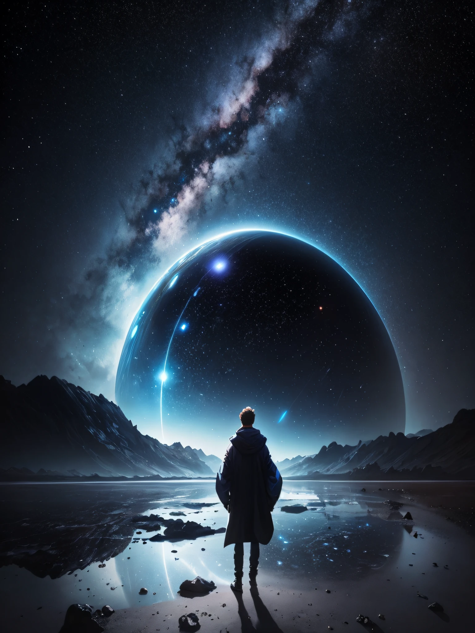 A man stands on a beach looking at an image of Alphad of a planet, 3 d render beeple, cinematic beeple, sci fi epic digital art, science fiction digital art, Science-fi digital art illustration, epic fantasy sci fi illustration, 8K stunning artwork, artgem and beeple masterpiece, jessica rossier fantasy art