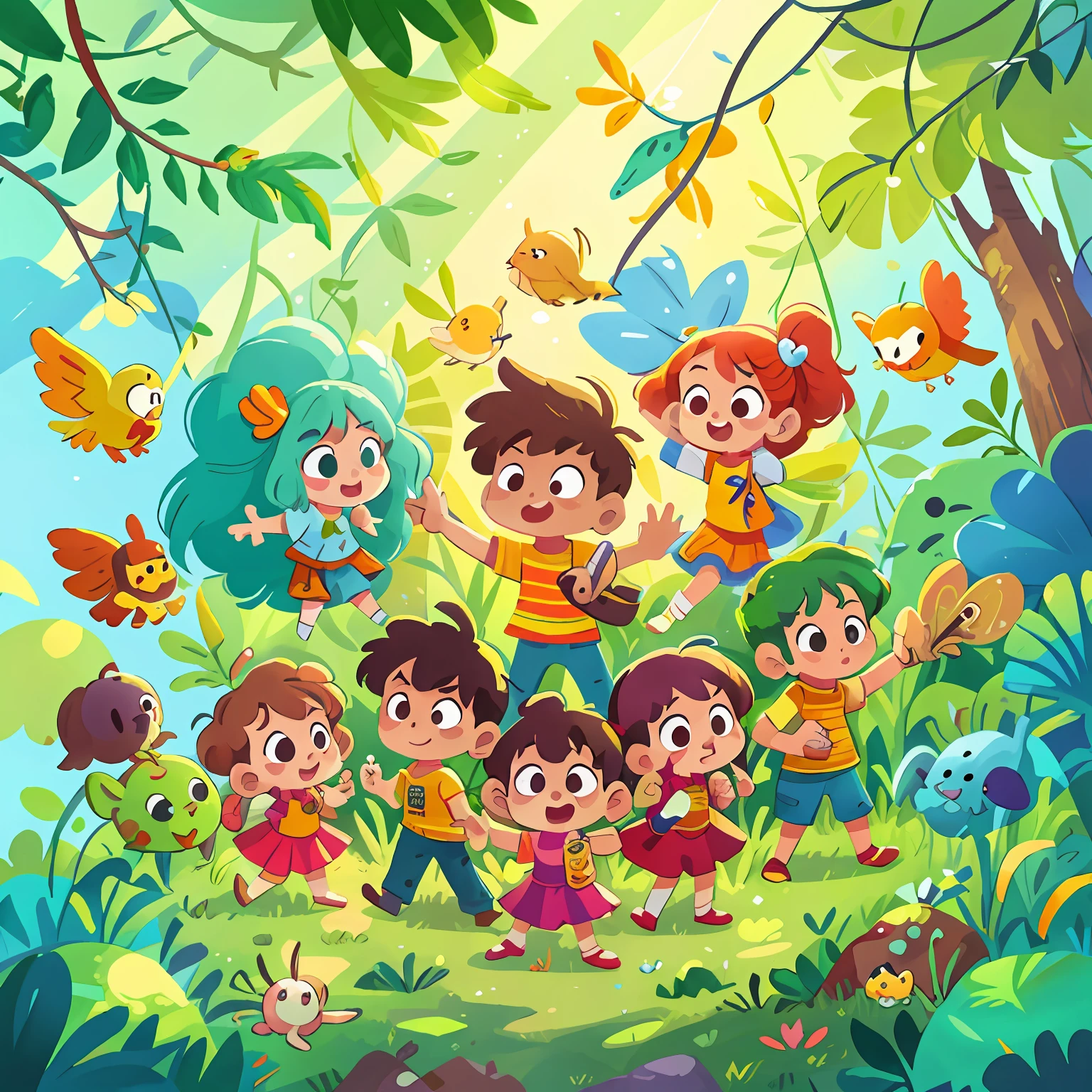 Cartoon illustration of a group of children surrounded by plants and birds, colorful kids book illustration, Fanart do jogo 2D, official illustration, estilo de arte bonito, Arte infantil em Artstation, illustration of children's books, mobile game art, inspirado em Lois van Baarle, arte digital detalhada bonito, hero 2 d fanart artsation, children illustration, fanart oficial, arte do jogo!!