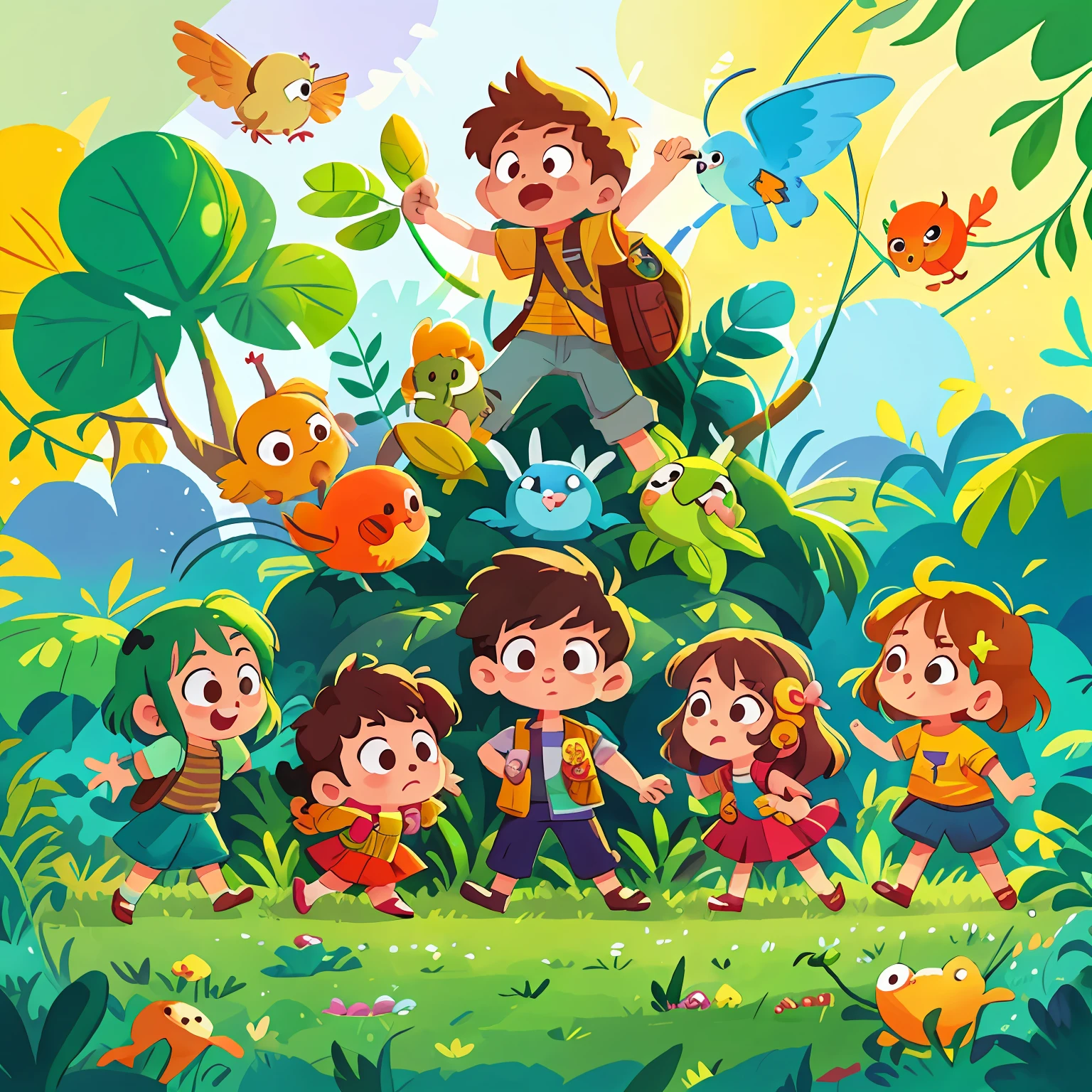 Cartoon illustration of a group of children surrounded by plants and birds, colorful kids book illustration, Fanart do jogo 2D, official illustration, estilo de arte bonito, Arte infantil em Artstation, illustration of children's books, mobile game art, inspirado em Lois van Baarle, arte digital detalhada bonito, hero 2 d fanart artsation, children illustration, fanart oficial, arte do jogo!!