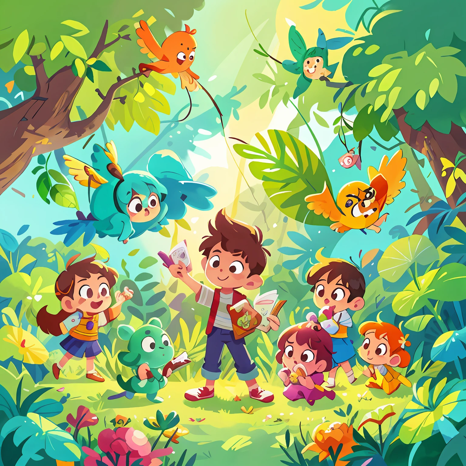 Cartoon illustration of a group of children surrounded by plants and birds, Playing colorful children's book illustration, Fanart do jogo 2D, official illustration, estilo de arte bonito, Arte infantil em Artstation, illustration of children's books, mobile game art, inspirado em Lois van Baarle, arte digital detalhada bonito, hero 2 d fanart artsation, children illustration, fanart oficial, arte do jogo!!