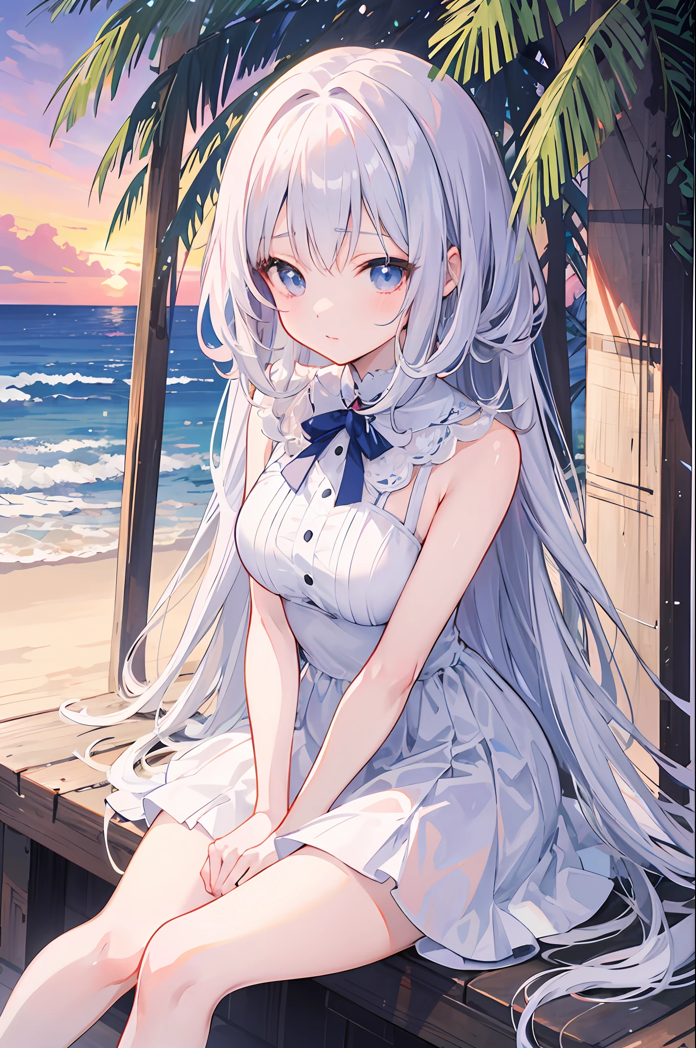 Anime girl sitting on palm tree beach in white dress, seductive anime girls, Beautiful anime girl, Soft anime illustration, li in dress, Smooth anime CG art, pretty anime girl, cute anime waifu in a nice dress, ((Sunset)), (Anime girl), Anime art wallpaper 8 K, hd anime wallaper, anime wallaper, 4k manga wallpapers