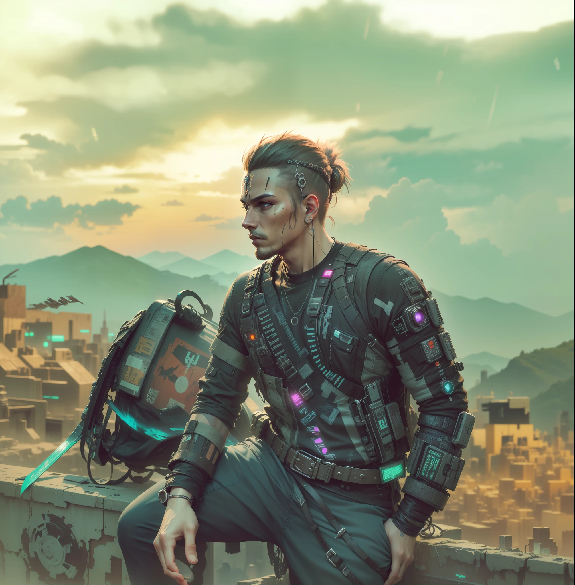 ((background enhancements: realistic cyberpunk atmosphere, strong warrior vibe, stunning 8k resolution), attractive male)