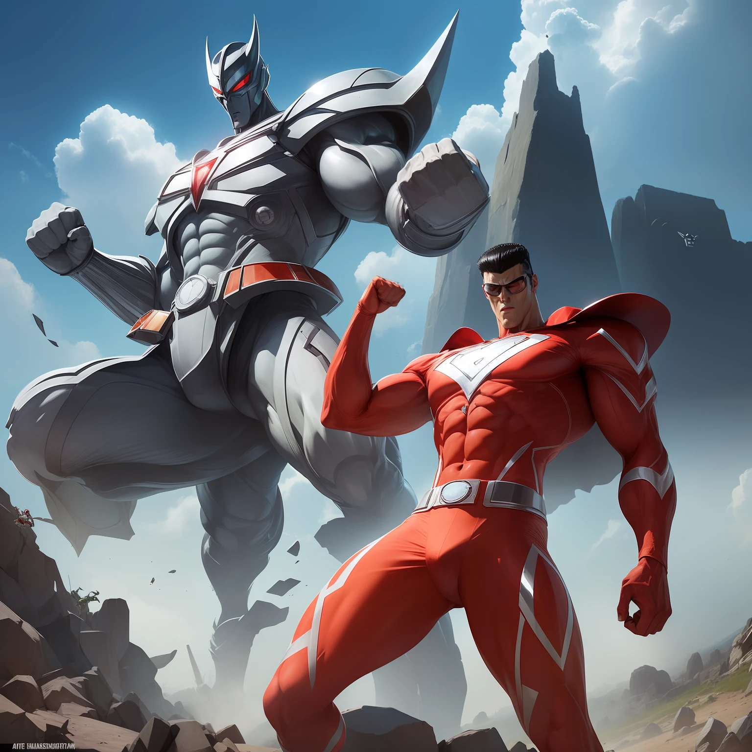 (obra-prima, qualidade soberba, Super delicado, alta resolução), Foco masculino, (((Novo Ultraman))), ((without muscles))), (Your head is tuned in the middle, Its body is made of red and silver, your arms are simplified, ele parece alto e magro, The overall shape is streamlined and modern), ((He placed his right hand near his head in a triangular shape, and his left hand clenched his fist in an elevated position above him))), posando para fotos, high angle, Noite escura, ruins of the city, detalhes de fundo, (((corpo inteiro))), (((Sense of grandeur)), ((Toguro)), ((((emação))))