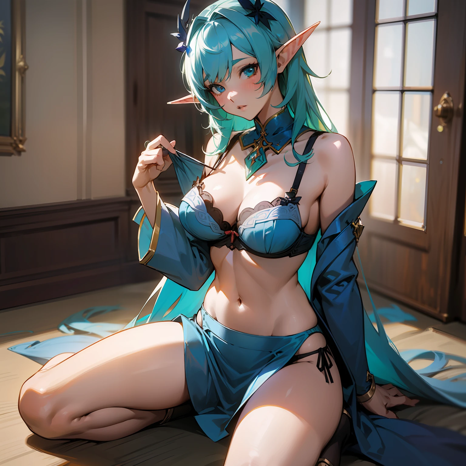 anime - style image of a woman with blue hair and a blue dress, extremely detailed artgerm, trending on artstation pixiv, artgerm on artstation pixiv, 8k high quality detailed art, anime goddess, ! dream artgerm, genshin, 2. 5 d cgi anime fantasy artwork, anime fantasy artwork,((elf ears)), ((long hair)), ((bra)), ((panties)), (((no accecories))), ((full body))