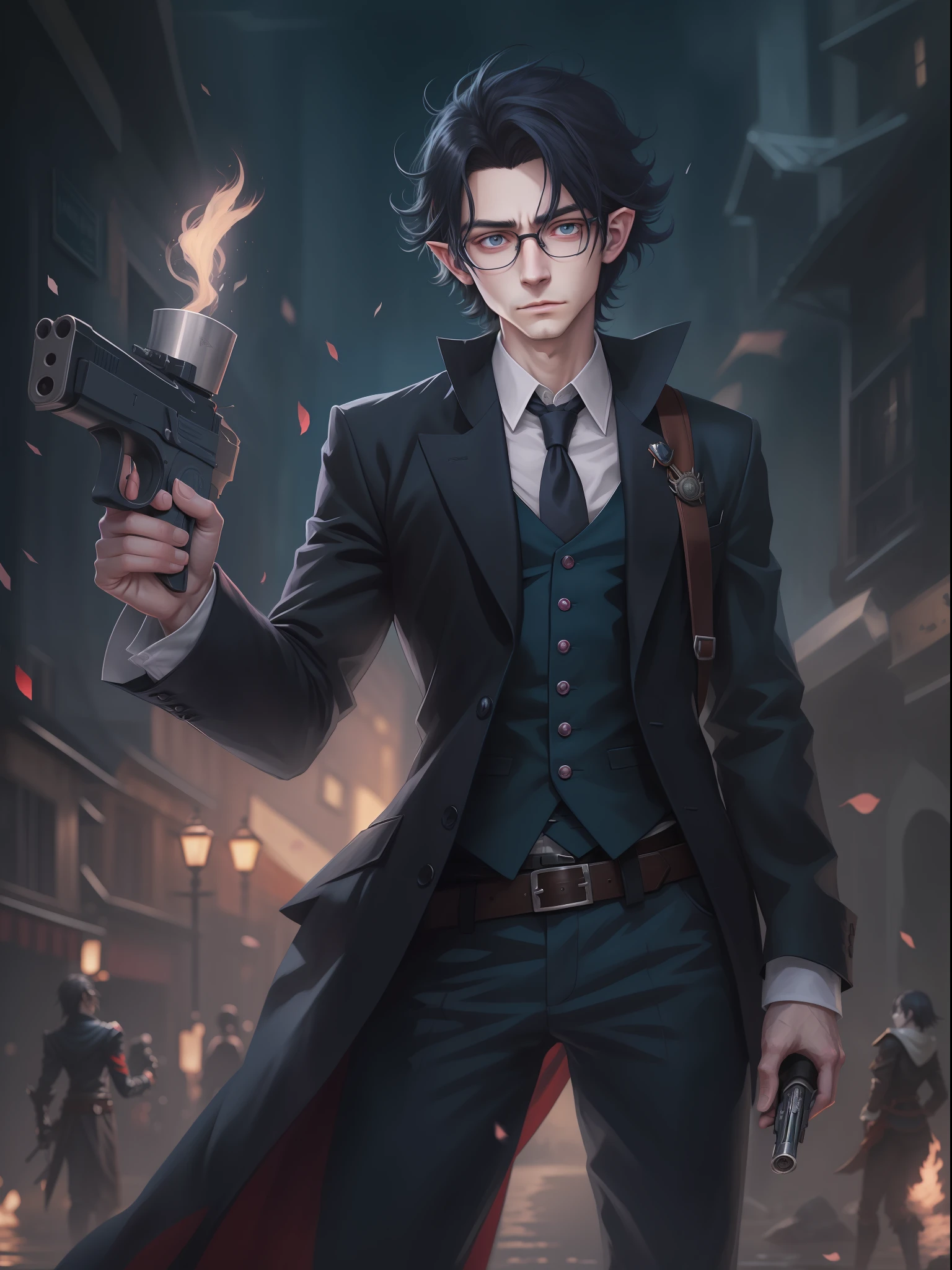 adult elf male anime dark hair and navy blue eyes with glasses suit holding an antique pistol in each hand , Arte no estilo de Guweiz, Retrato Gapmoe Yandere Grimdark, ele usa um tapa-olho, cara bonito na arte demon slayer, arte de anime digital detalhada, Guweiz, arte de anime limpa e detalhada, foto de perfil do discord, Gapmoe Yandere Grimdark
