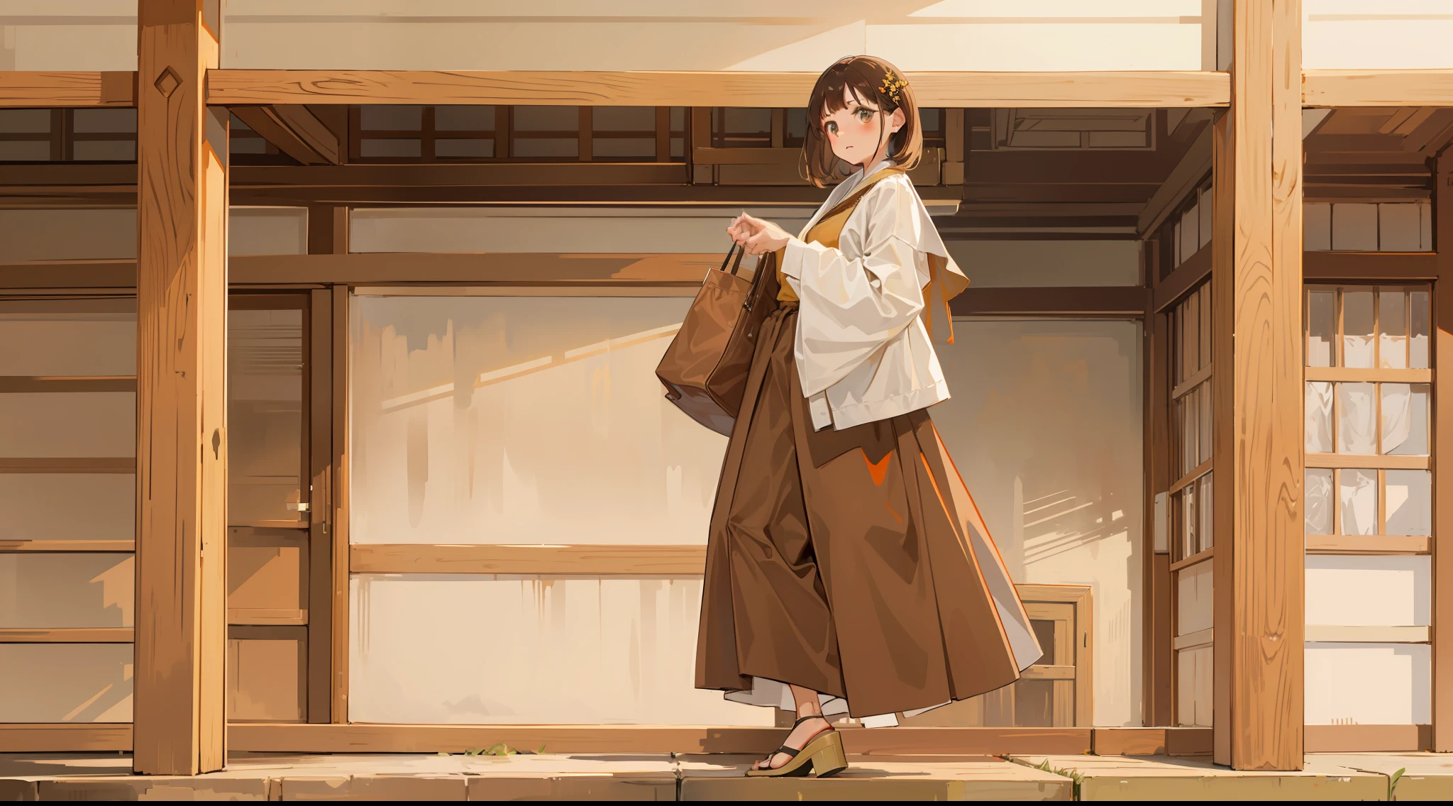 Woman standing on wooden floor with back, Brown clothes, Mute Brown, Brown and white color scheme, casual clothing style, brown and white, brown and cream color scheme,, wearing a haori, dressed with long fluent clothes, simple style, Mute Brown, taupe, style of yoshii chie, brown tones, Subtle earth tone, milk and mocha style