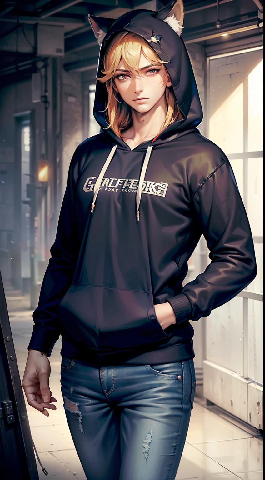 ((highest quality, masterpiece, 4k, finely detailed, detailed eyes, detailed face, intricate details, pixiv, gelbooru)), male, masculine, long hair, ((modern clothing: hoodie, jeans)), twink body type, black and red fur, wolf head, long hair