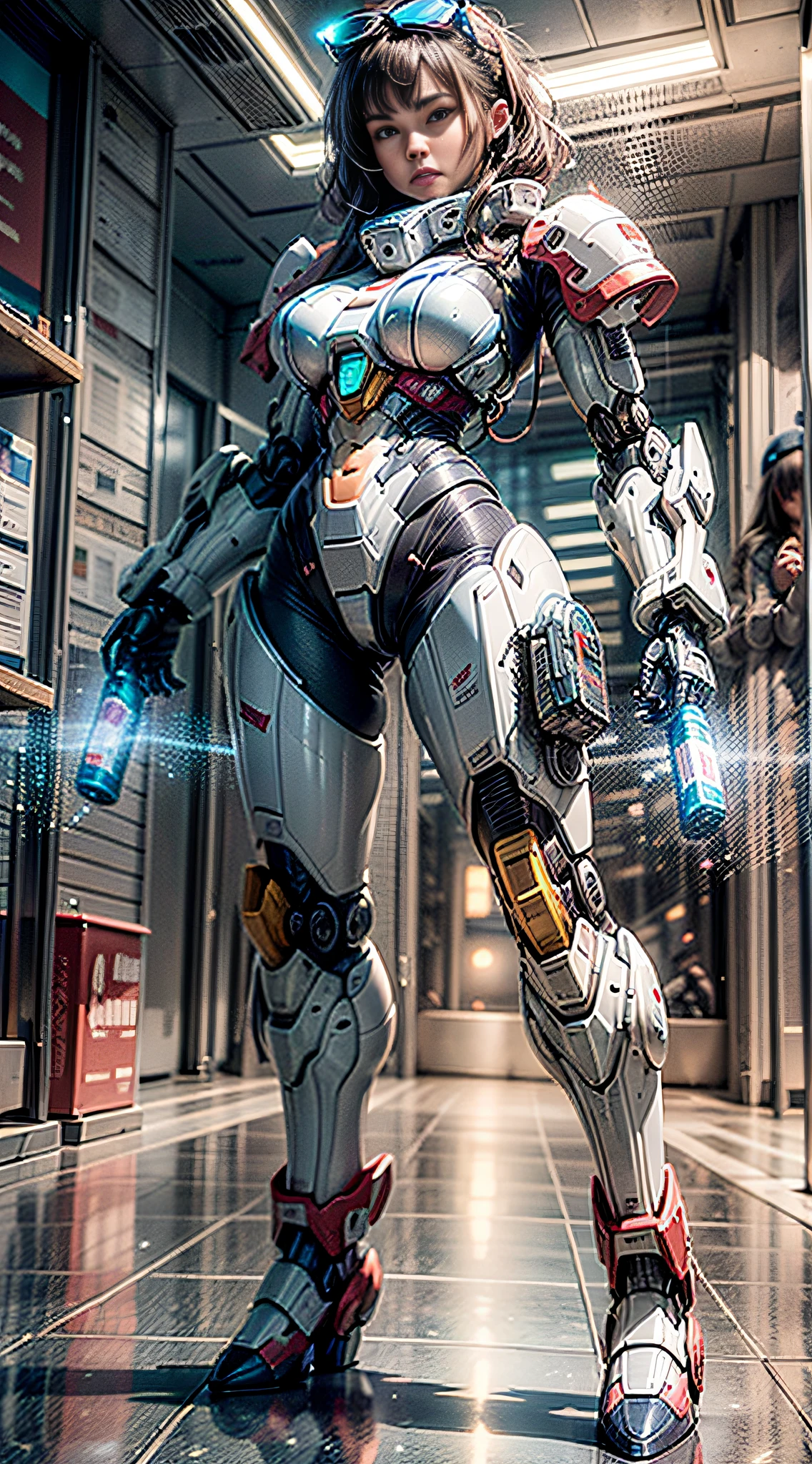 A sci-fi female robot pilot with a beautiful standing next to Mascular Gundam Mecha armor.., Full-body wide images, mecha hanger station interior,, beautiful epic scene, cyberpunked, wonderful, Movie Mood, cinematic light, Hyper-Realism, photorealistic portrait, Beautiful color coding, insane details, intricate detailed, Super Detailed, Dynamic Poses, shooting imaging, 10