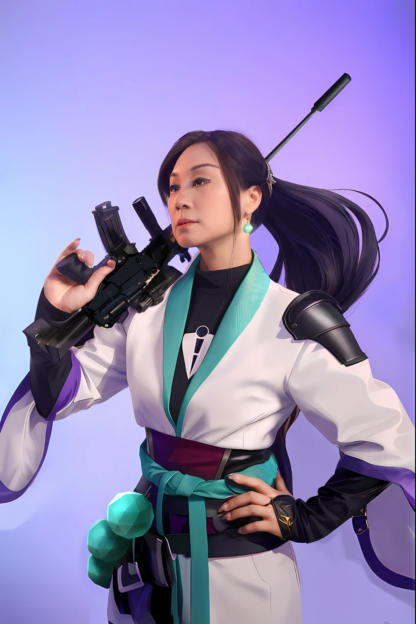 A woman who is,Close-up of a woman holding a gun and a magic ball, Brave character, Kushatt Krenz Key Art Women, , Fearless saint,The role of the Fearless, Valorante,