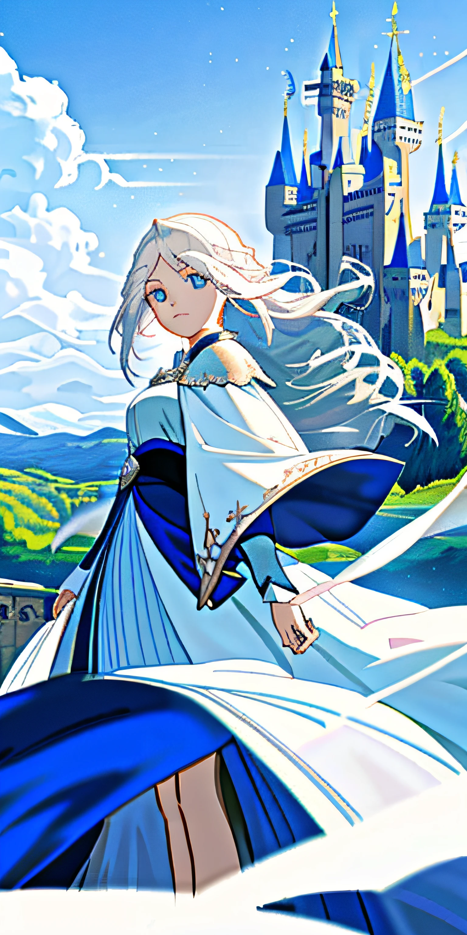 tmasterpiece，best qualtiy，Poor white-haired girl with breasts，Castle vista，medieval times，Pure white robes，Faraway view，large scene，face expressionless，in a panoramic view，wide angles，blue color eyes，magia，wilderness，with blue sky and white clouds