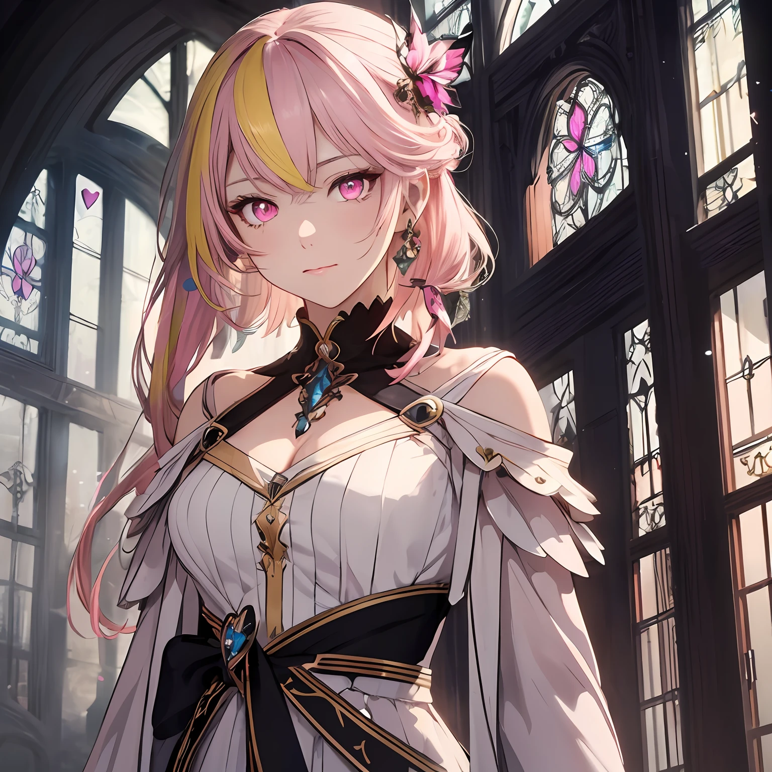 masterpiece, best quality, 1woman, adult, female focus, solo, mix pink and yellow hair, vibrant pink eyes, heart shaped iris, looking at viewer, closed mouth, bangs, Fantasy aesthetics, Highly detailed, shadowverse style, human ear, white dress