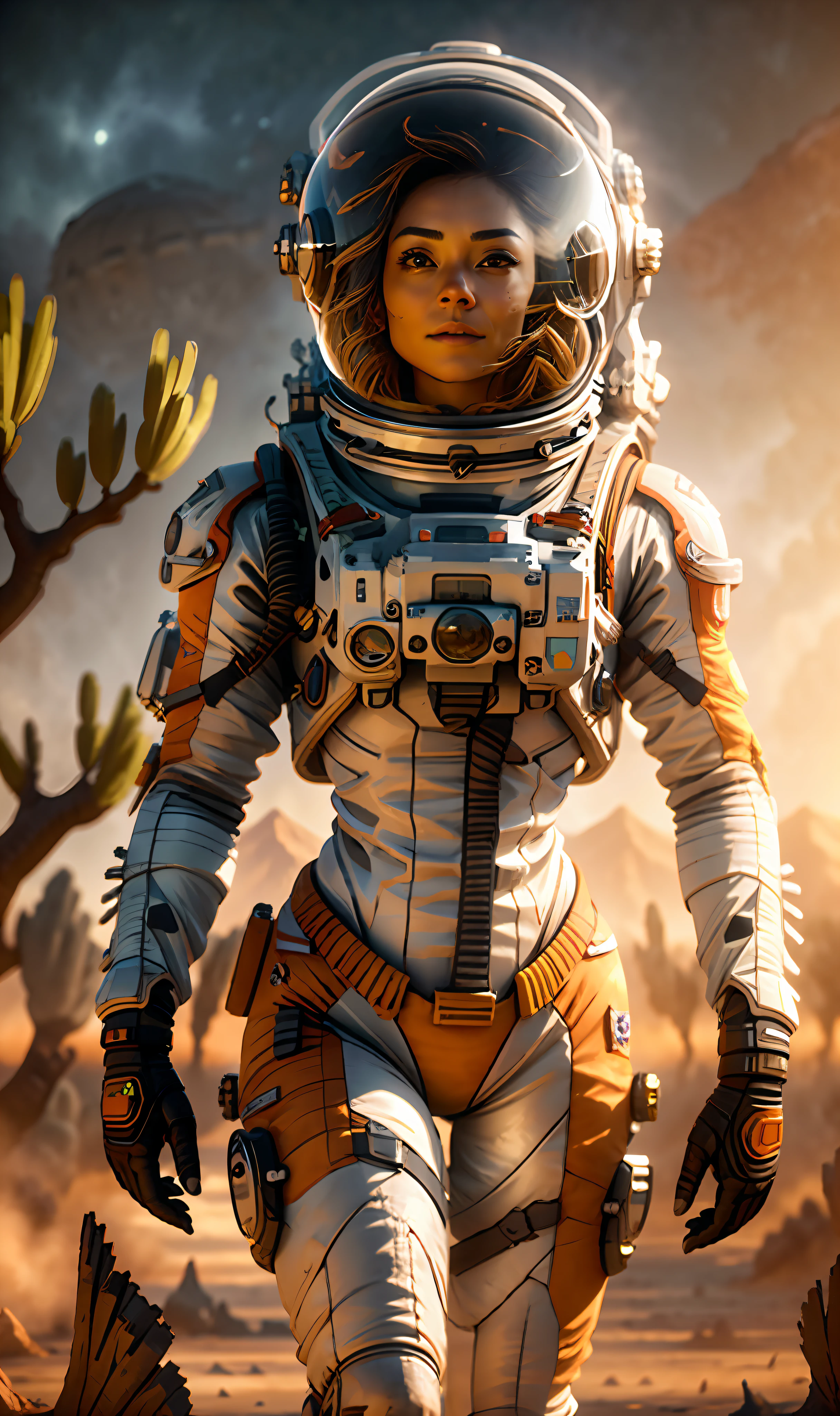 kit bashing, alien landscape, swampland, solitary female astronaut, radio dish antenna, Electric Purple, utility belt, Metallic Gray Zinc, sci-fi, masterpiece, 16k, UHD, HDR, the best quality, body-tight suit, intricate, the most fantastic details, cinematic composition, dramatic lighting, full body, celestial bodies in the sky, dead trees, dry bushes, realistic reflections, sunset, a military compound, to scale, lonely, sad, dynamic posture, ruffles, quillings, embroidery