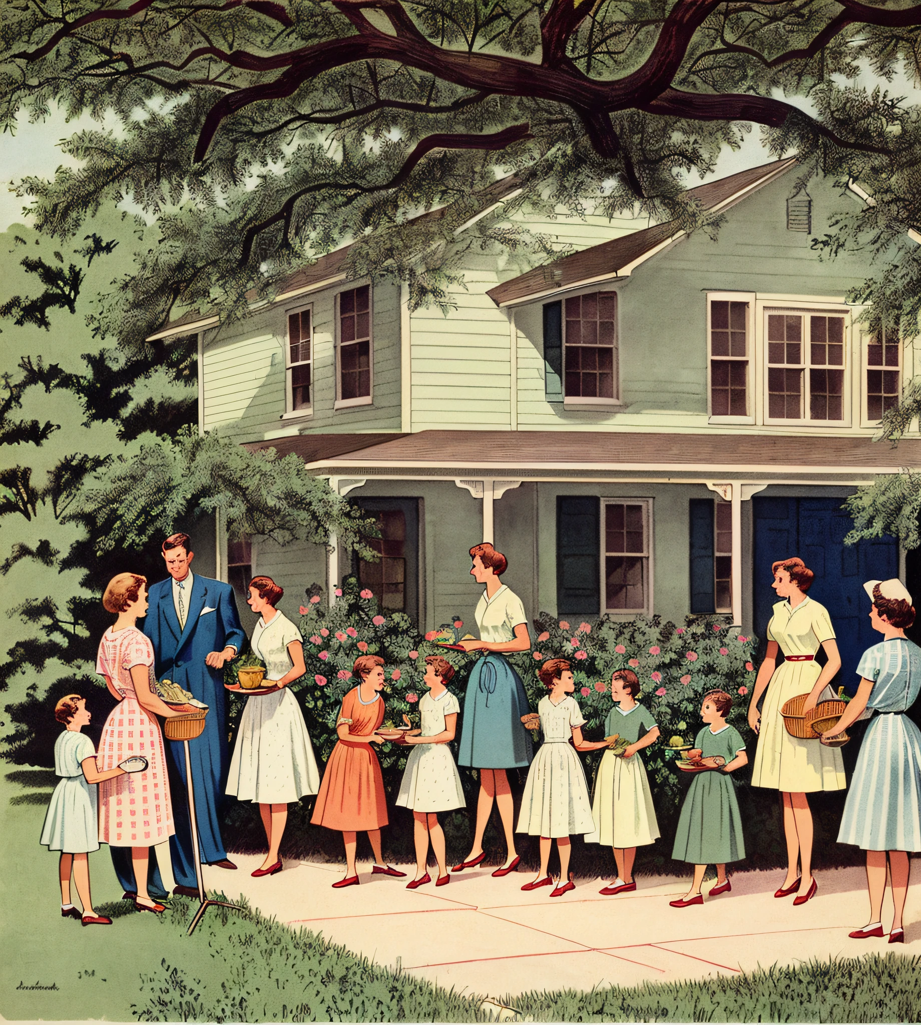 high quality comic of a family gathering outside a house for a meal, color illustration, southern gothic scene, people outside eating meals, family dinner, 1960s illustration, 1950s illustration style, al fresco, full color illustration, 1 9 5 0 s americana tourism, vintage 1960 print by artist john sloane