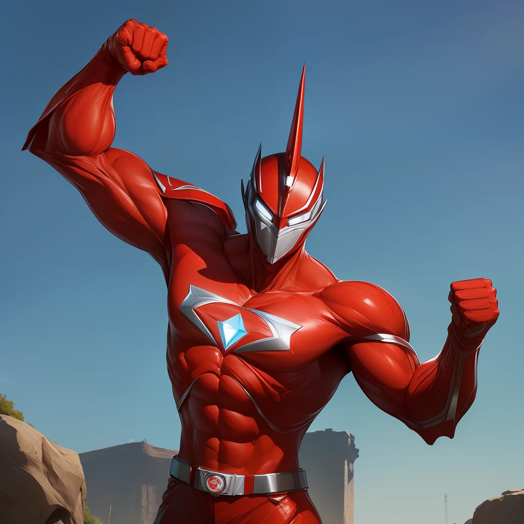 (obra-prima, qualidade soberba, Super delicado, alta resolução), Foco masculino, (((Novo Ultraman))), ((without muscles))), (Your head is tuned in the middle, Its body is made of red and silver, your arms are simplified, ele parece alto e magro, The overall shape is streamlined and modern), ((He placed his right hand near his head in a triangular shape, and his left hand clenched his fist in an elevated position above him))), posando para fotos, high angle, Noite escura, ruins of the city, detalhes de fundo, (((corpo inteiro))), (((Sense of grandeur)), ((Toguro)), ((((in action))))