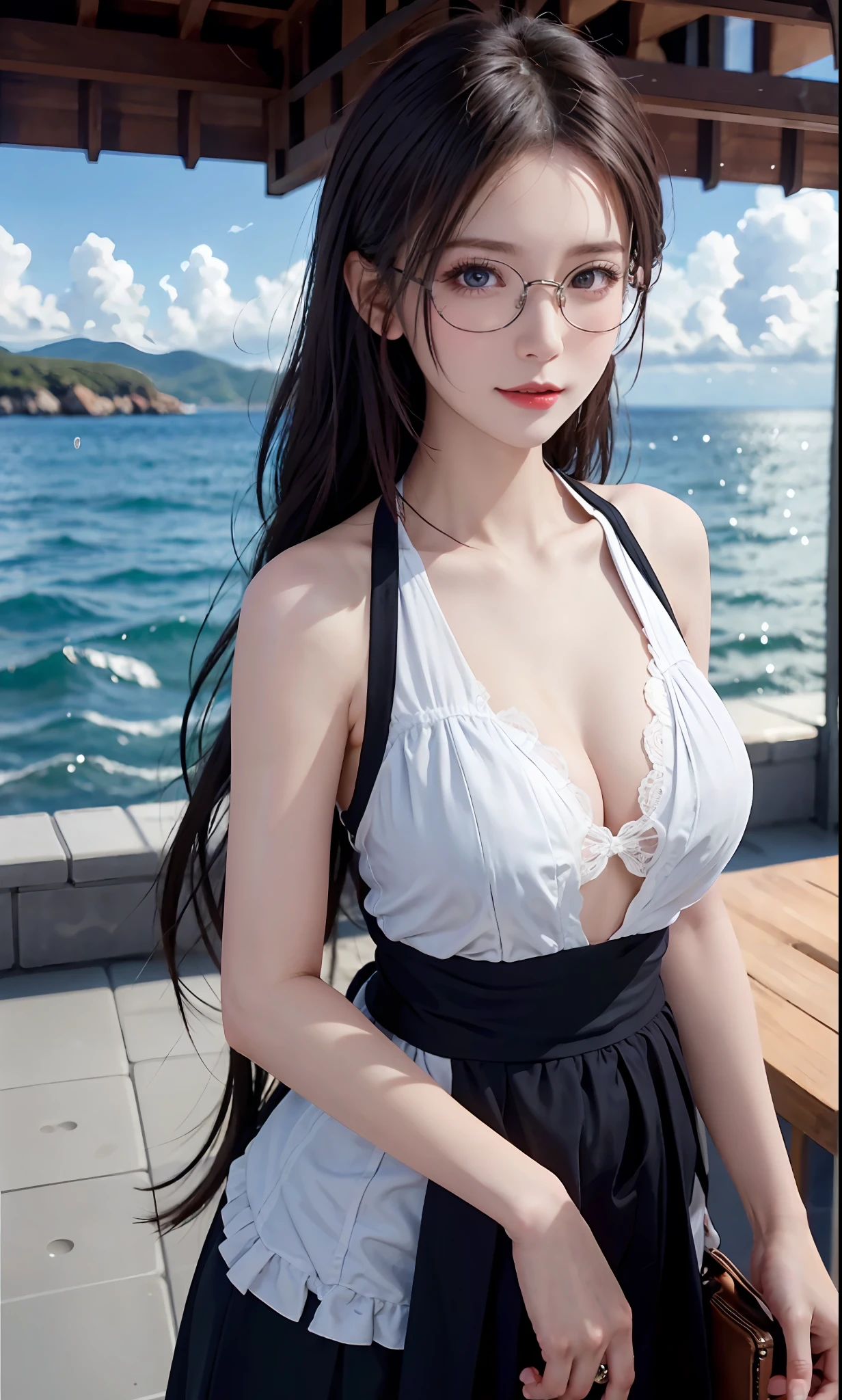 （RAW photos：1.2），high high quality，Beautiful Meticulous Girl，Highly detailed eyes and face，beatiful detailed eyes，hugefilesize，A high resolution，8k wallpaper，finely detailled，Highly detailed stock code uniform 8k wallpaper，light in face，full bodyesbian，Have by the sea，电影灯光， girl，A sexy pose，（photo-realism：1.4），illustratio，ultra-realistic realism，super detailing， tmasterpiece， Have by the sea，shift dresses，wears glasses，Bigchest，low chest