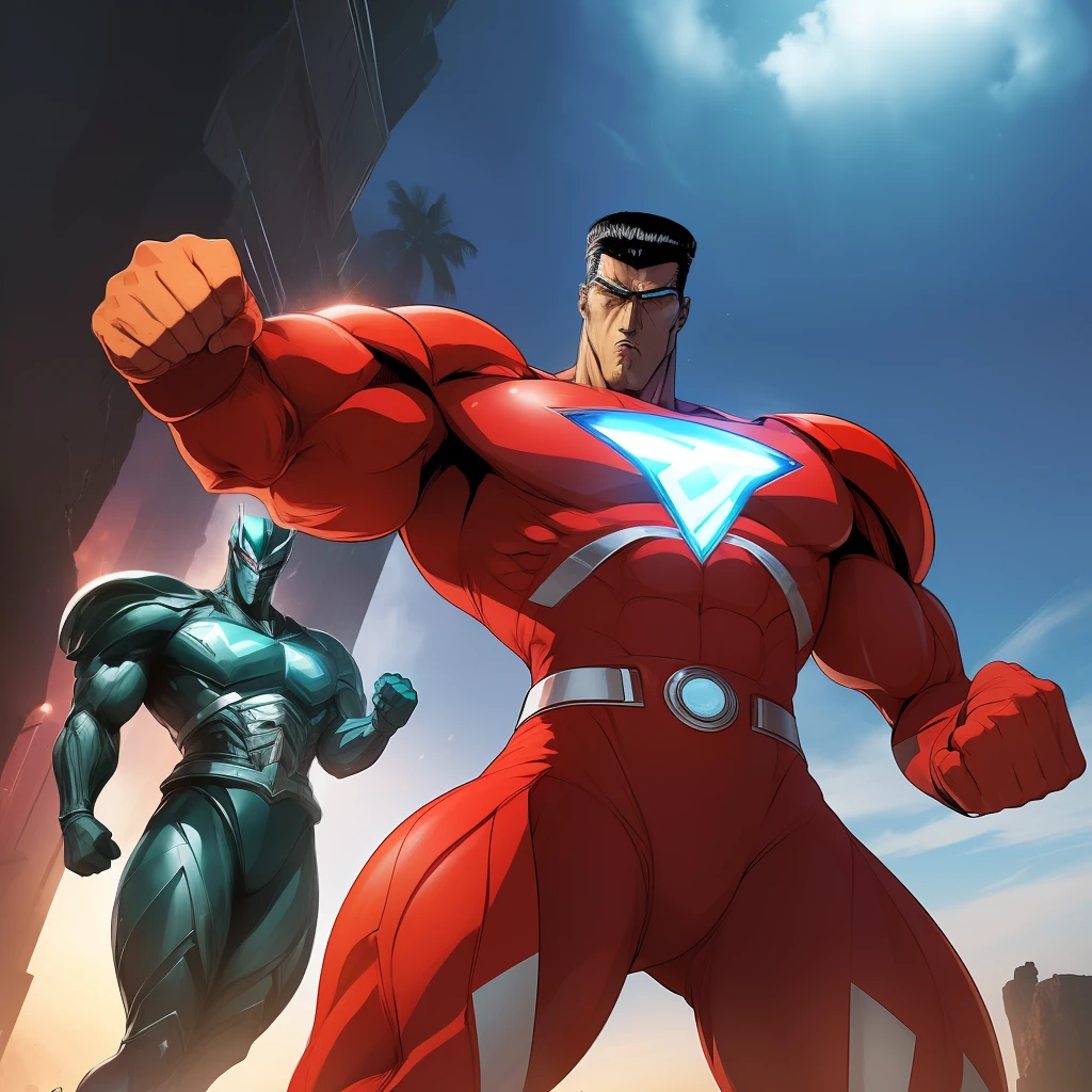 (obra-prima, qualidade soberba, Super delicado, alta resolução), Foco masculino, (((Novo Ultraman))), ((without muscles))), (Your head is tuned in the middle, Its body is made of red and silver, your arms are simplified, ele parece alto e magro, The overall shape is streamlined and modern), ((He placed his right hand near his head in a triangular shape, and his left hand clenched his fist in an elevated position above him))), posando para fotos, high angle, Noite escura, ruins of the city, detalhes de fundo, (((corpo inteiro))), (((Sense of grandeur)), ((Toguro)), ((((in action))))
