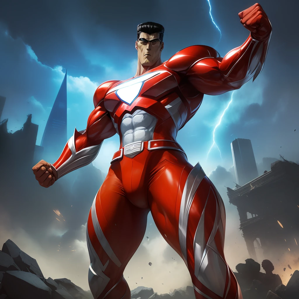 (obra-prima, qualidade soberba, Super delicado, alta resolução), Foco masculino, (((Novo Ultraman))), ((without muscles))), (Your head is tuned in the middle, Its body is made of red and silver, your arms are simplified, ele parece alto e magro, The overall shape is streamlined and modern), ((He placed his right hand near his head in a triangular shape, and his left hand clenched his fist in an elevated position above him))), posando para fotos, high angle, Noite escura, ruins of the city, detalhes de fundo, (((corpo inteiro))), (((Sense of grandeur)), ((Toguro)), ((((in action))))