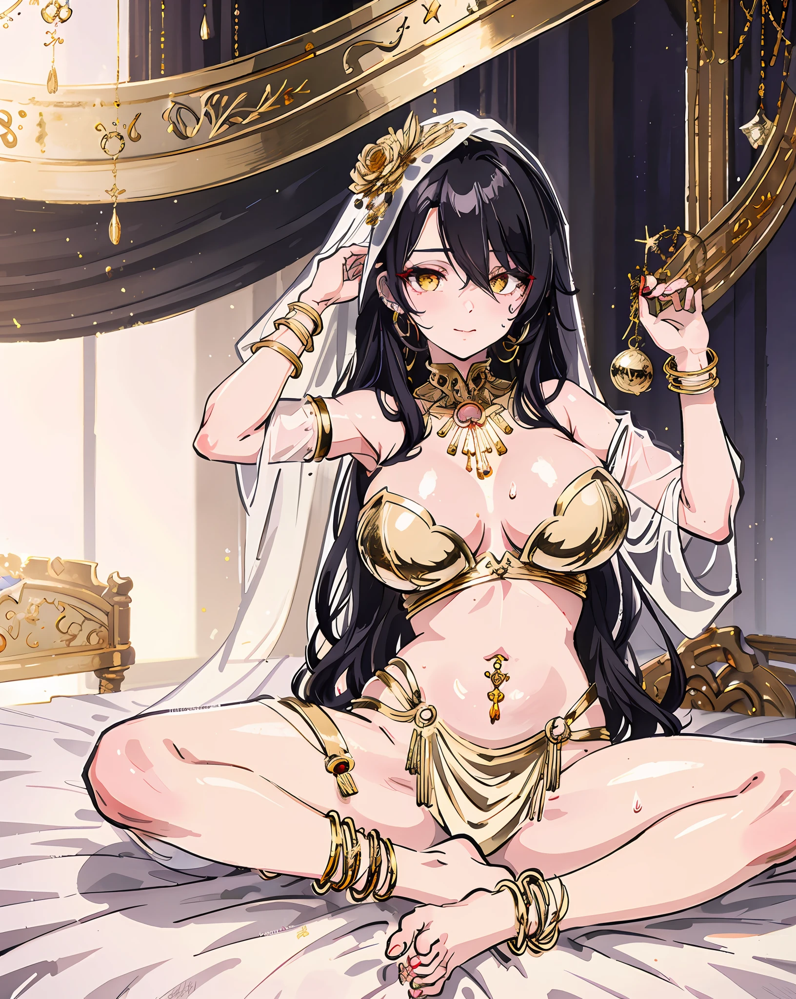 masterpiece, best quality, ultra-detailed, 1girl, solo, looking at viewer, (curvy:1.1), large breasts, black hair, long hair, hair over one eye, (wavy hair:1.1), yellow eyes,, (breasts apart:1.3), groin, (pasties:1.3), neck ring, armlet, bracelet, (thighlet:1.2), (white veil:1.2), (hair ornament:1.1), navel piercing, (chain:1.1), (gold:1.3), (gold trim:1.2), rose, sweat, spread legs, sitting, arm up, full body, anklet, barefoot, on bed