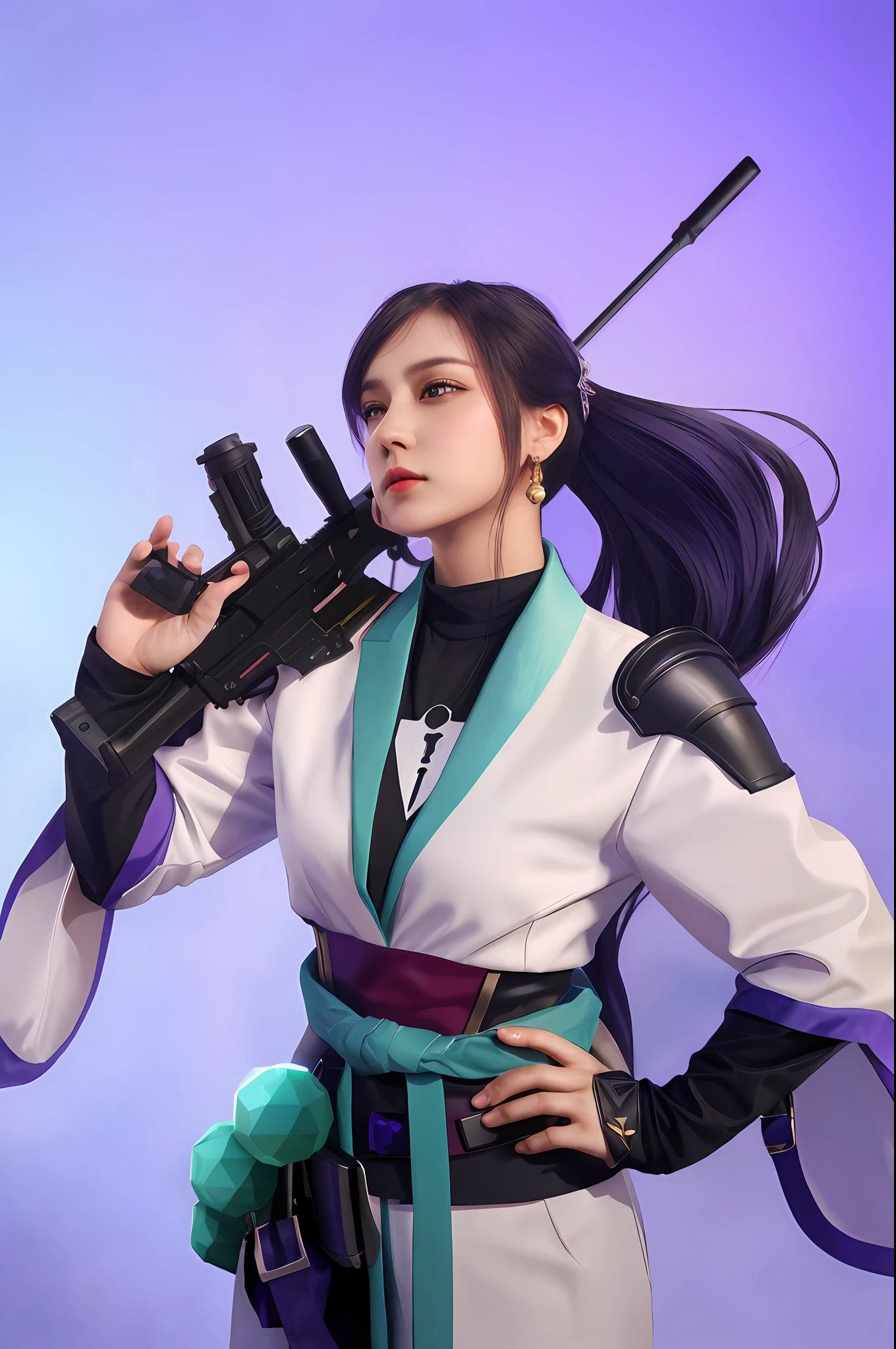 A woman who is，Close-up of a woman holding a gun and a magic ball, Brave character, Kushatt Krenz Key Art Women, , Fearless saint，The role of the Fearless， Valorante，