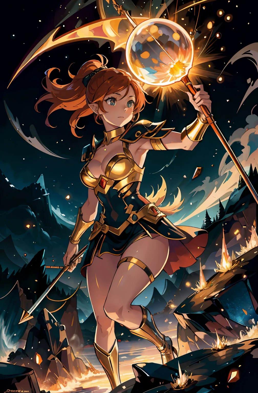 A svelte elven archer, her skin radiant like polished amber, striking a victorious pose atop a volcano’s precipice, 8k, high resolution. Her jade-green eyes flash with triumphant fire as her flaming arrow arcs through the ash-filled sky. Her long, fiery auburn hair whips around her in the molten breeze. Detailed gold and ruby armor, aglow in the lava’s reflection. The smoky, sulfuric atmosphere and eruptions in the backdrop, her defiant figure illuminated by the pulsing glow of molten rock. cape, armored.