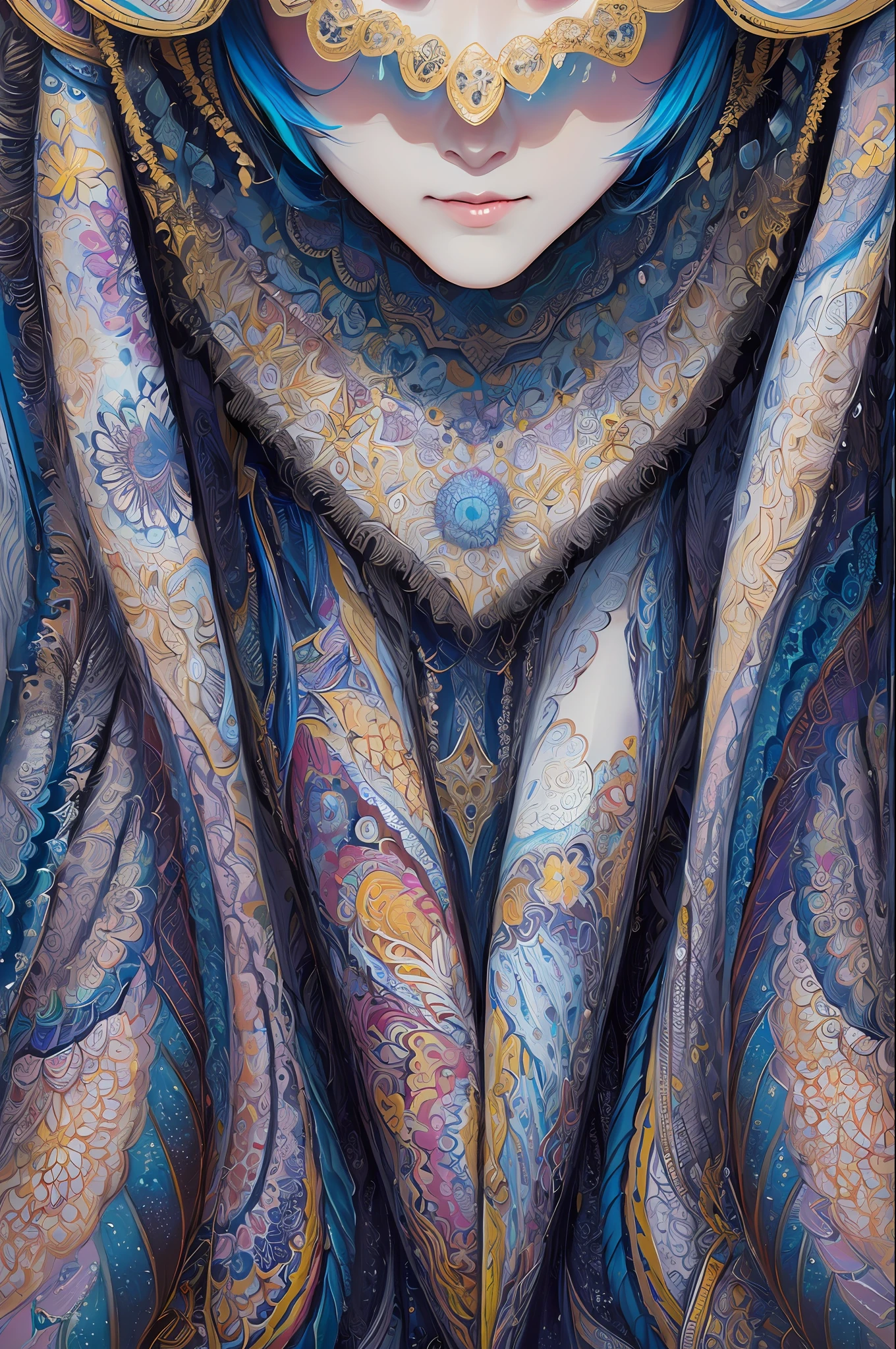 (masterpiece、top-quality、top-quality、Official Art、Beautifully Aesthetic:1.2)、(One Girl:1.3)、A highly detailed、(Fractal Art:1.1)、(colourfull:1.1)(florals:1.3)、The most detailed、(Zentangle:1.2)、(Dynamic poses)、(abstract background:1.3)、(shinny skin)、(many colors:1.8)、、(耳Nipple Ring:1.4)、(pluma:1.4)