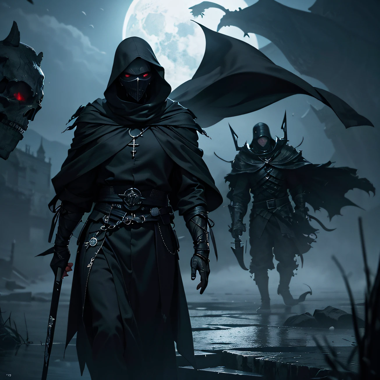 (8k, RAW photos, best qualtiy, tmasterpiece:1.2), (realisticlying, photograph realistic:1.3), The atmosphere of death,shinigami,scyscraper,oppression,Black cloak,,The face is covered by darkness,afloat --auto