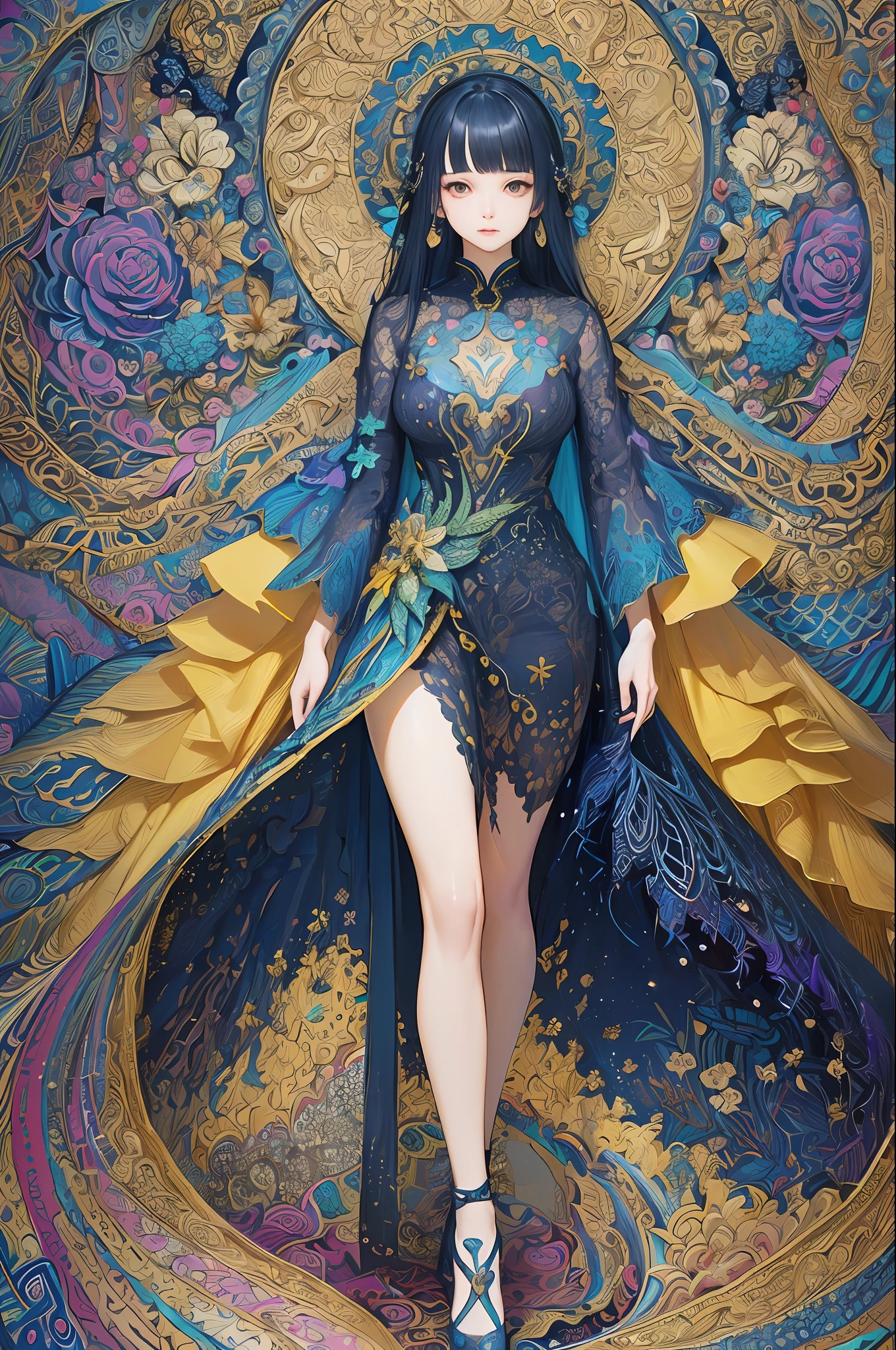 (​masterpiece、top-quality、top-quality、Official Art、Beautifully Aesthetic:1.2)、(One Girl:1.3)、A highly detailed、(Fractal Art:1.1)、(colourfull:1.1)(florals:1.3)、The most detailed、(Zentangle:1.2)、(Dynamic poses)、(abstract background:1.3)、(shinny skin)、(many colors:1.8)、、(耳Nipple Ring:1.4)、(pluma:1.4)