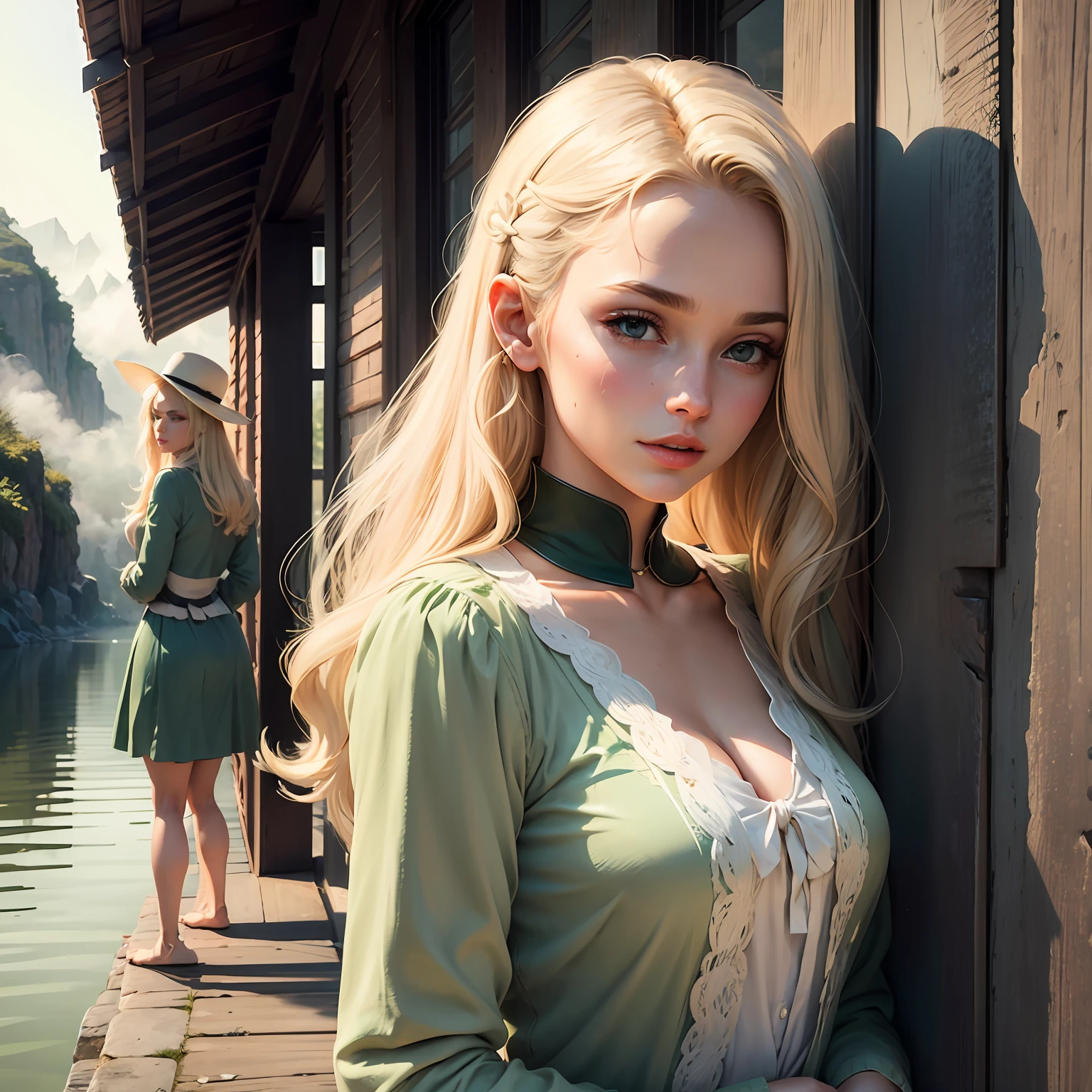Beautuful Women ，The upper part of the body，blond hairbl，exteriors，mont，mist，Eau，green color， --auto