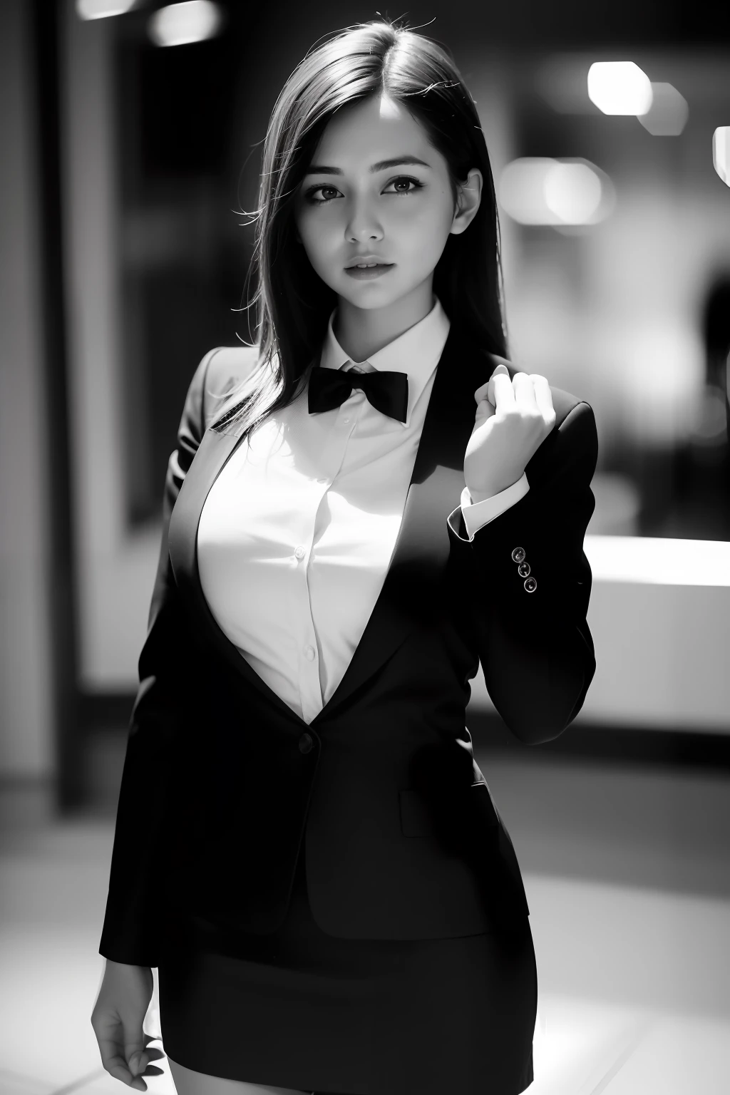 best quality, masterpiece, 1girl, Beautiful face, (photo realistic:1.3), rim lighting, (high detailed skin:1.2), 8k uhd, dslr, high quality, high resolution, 4k, 8k, Bokeh, absurdres, best ratio four finger and one thumb, (realistic:1.3), cute 1girl, wearing black formal blazer, medium breasts, short skirt,