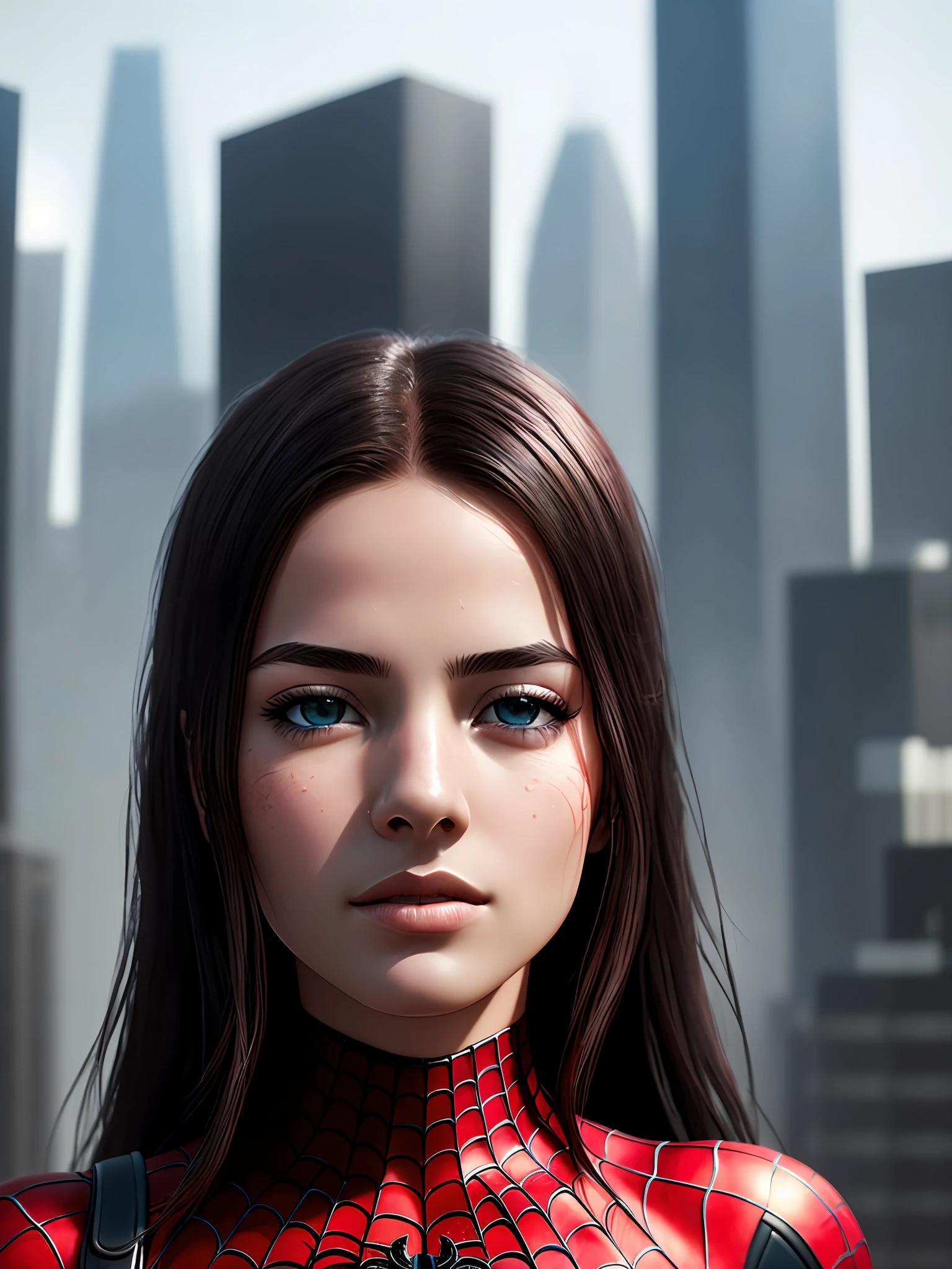 (1girl:1.3), Solo, (((Very detailed face)))), ((Very detailed eyes and face)))), Beautiful detail eyes, Body parts__, Official art, Unified 8k wallpaper, Super detailed, beautiful and beautiful, beautiful, masterpiece, best quality, original, masterpiece, super fine photo, best quality, super high resolution, realistic realism, sunlight, full body portrait, amazing beauty, dynamic pose, delicate face, vibrant eyes, (from the front), She wears Spider-Man suit, red and black color scheme, spider, very detailed city roof background, rooftop, overlooking the city, detailed face, detailed complex busy background, messy, gorgeous, milky white, highly detailed skin, realistic skin details, visible pores, clear focus, volumetric fog, 8k uhd, DSLR, high quality, film grain, fair skin, photo realism, lomography, futuristic dystopian megalopolis, translucent