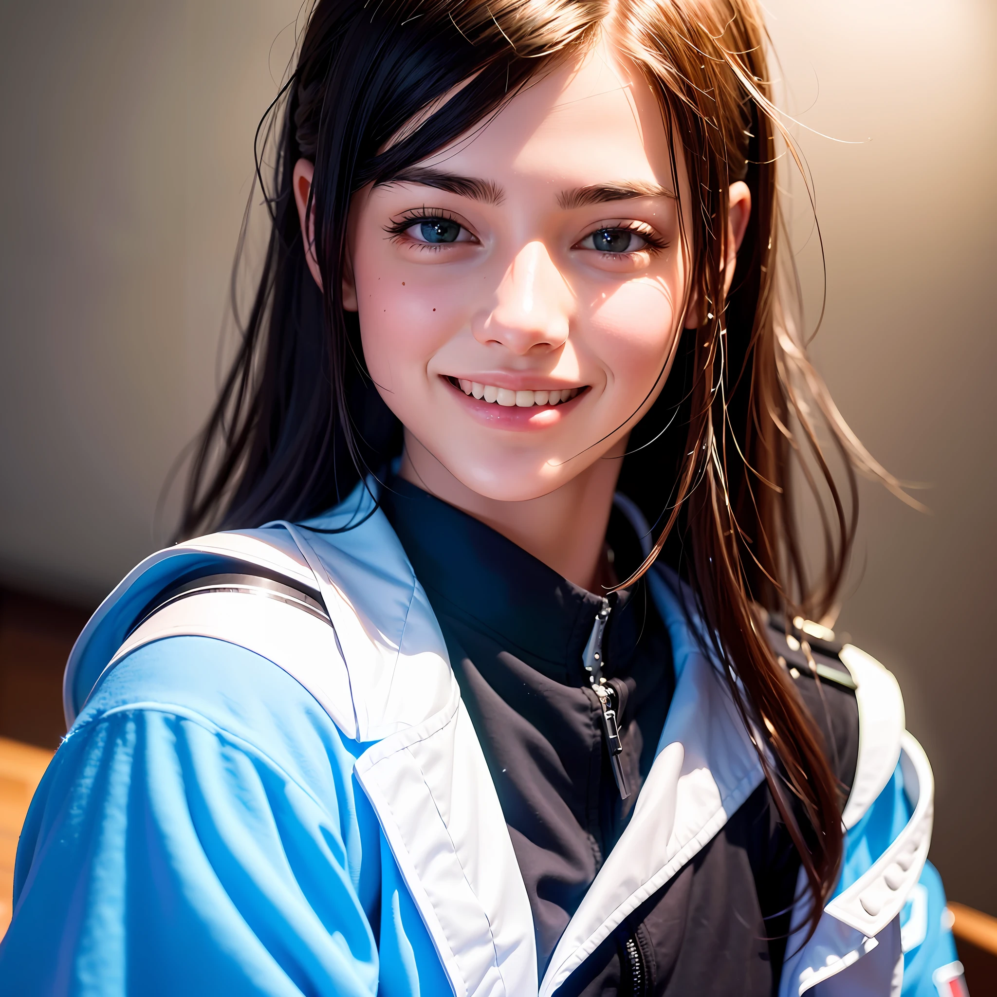 one teenage cute girl in uniform, (masterpiece, best quality:1.2), ultra high res, (photorealistic:1.4), detailed skin, cinematic lighting, friendly, intelligent, conversation engaging, happy, kind, energetic, cheerful, creative, with sparkling eyes and a contagious smile