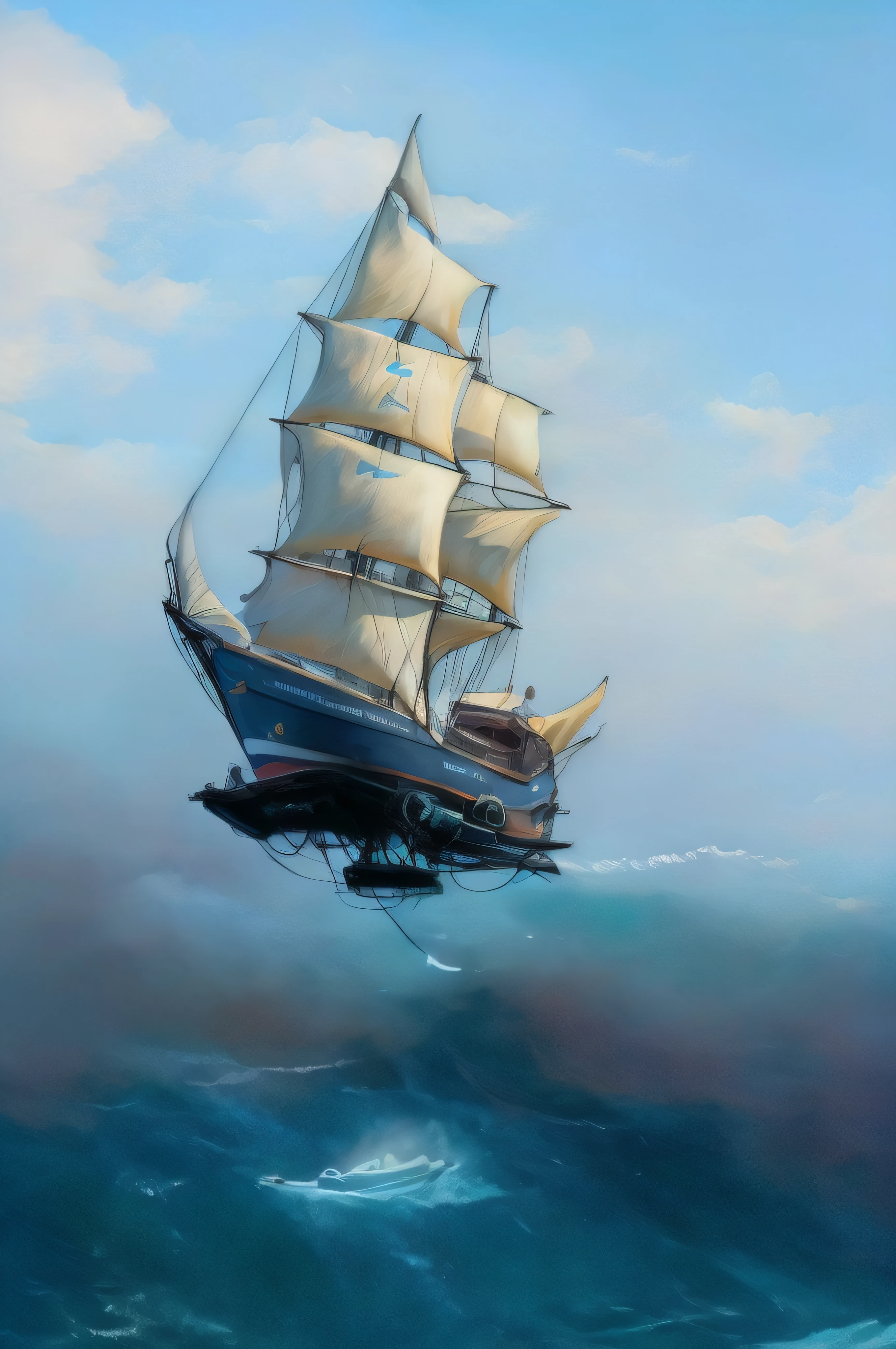 Barco de vela futurista saltando nubes